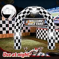 Vista 6 de Arco inflable de auto de carreras de 8 pies en blanco y negro con pancarta de feliz cumpleaños, decoración de fiesta de carreras con 3 luces LED