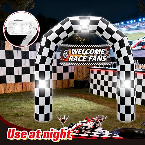 Miniatura 6 de Arco inflable de auto de carreras de 8 pies en blanco y negro con pancarta de feliz cumpleaños, decoración de fiesta de carreras con 3 luces LED