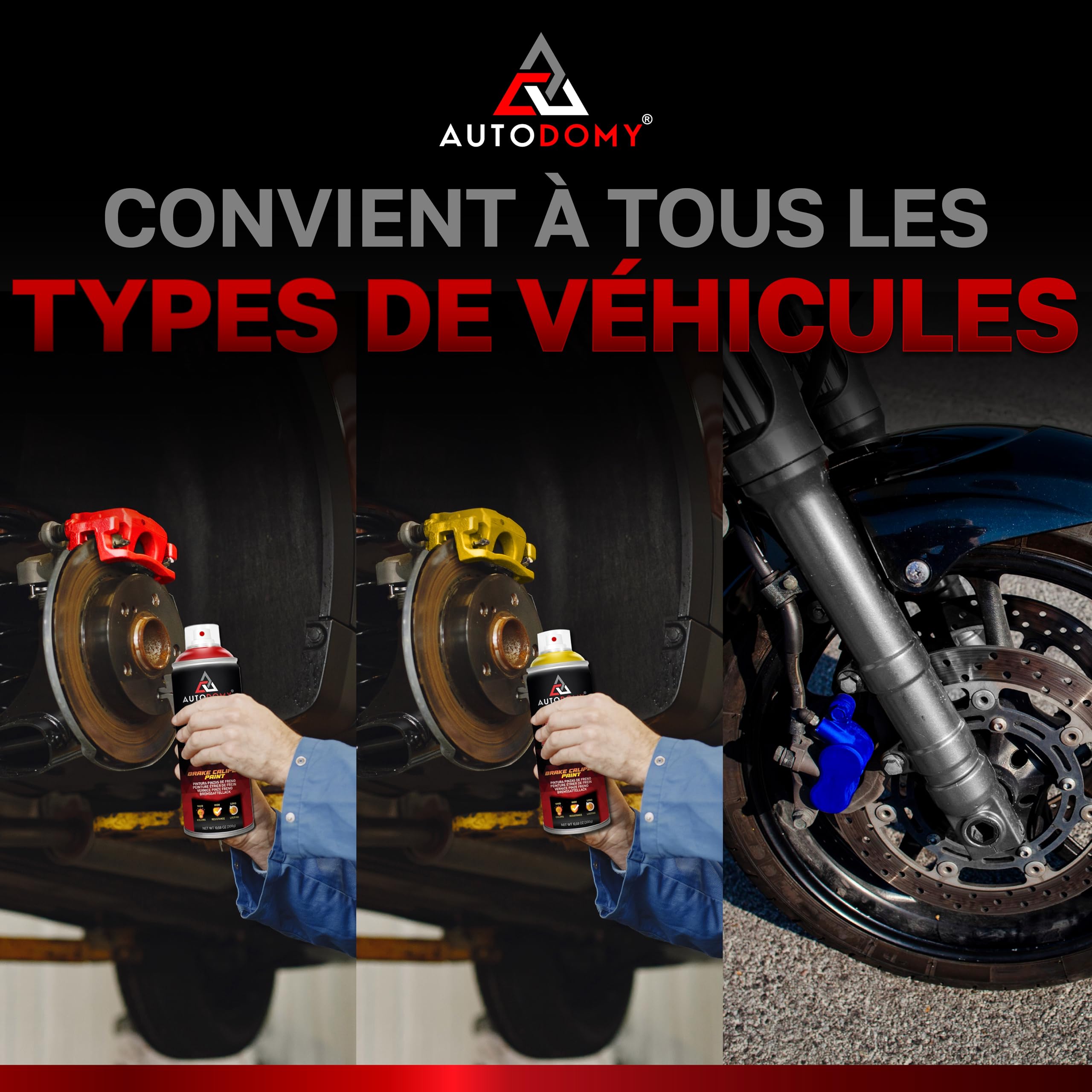 Autodomy Kit Peinture Etrier de Frein 400ml Résistante aux Températures Elevées | Peinture Etrier de Frein Rouge + Nettoyant Freins + Brosse en Acier pour Voiture et Moto Kit Complet