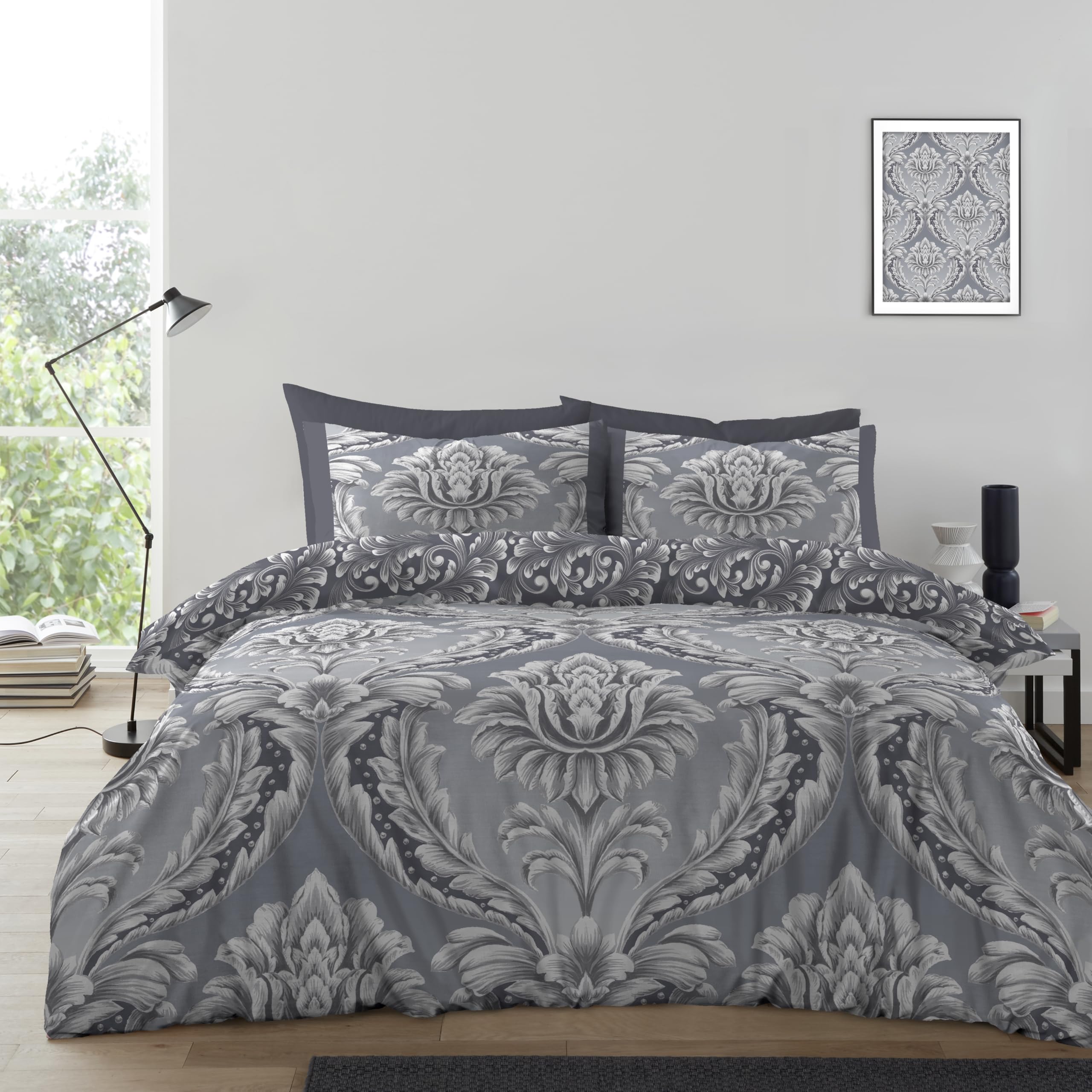 GC GAVENO CAVAILIA Duvet Cover Grey Bedding Sets | 3Piece Polycotton Kingsize Duvet Cover Sets (220x230 Cm) | Reversible Damask Quilt Covers Set With Pillowcases