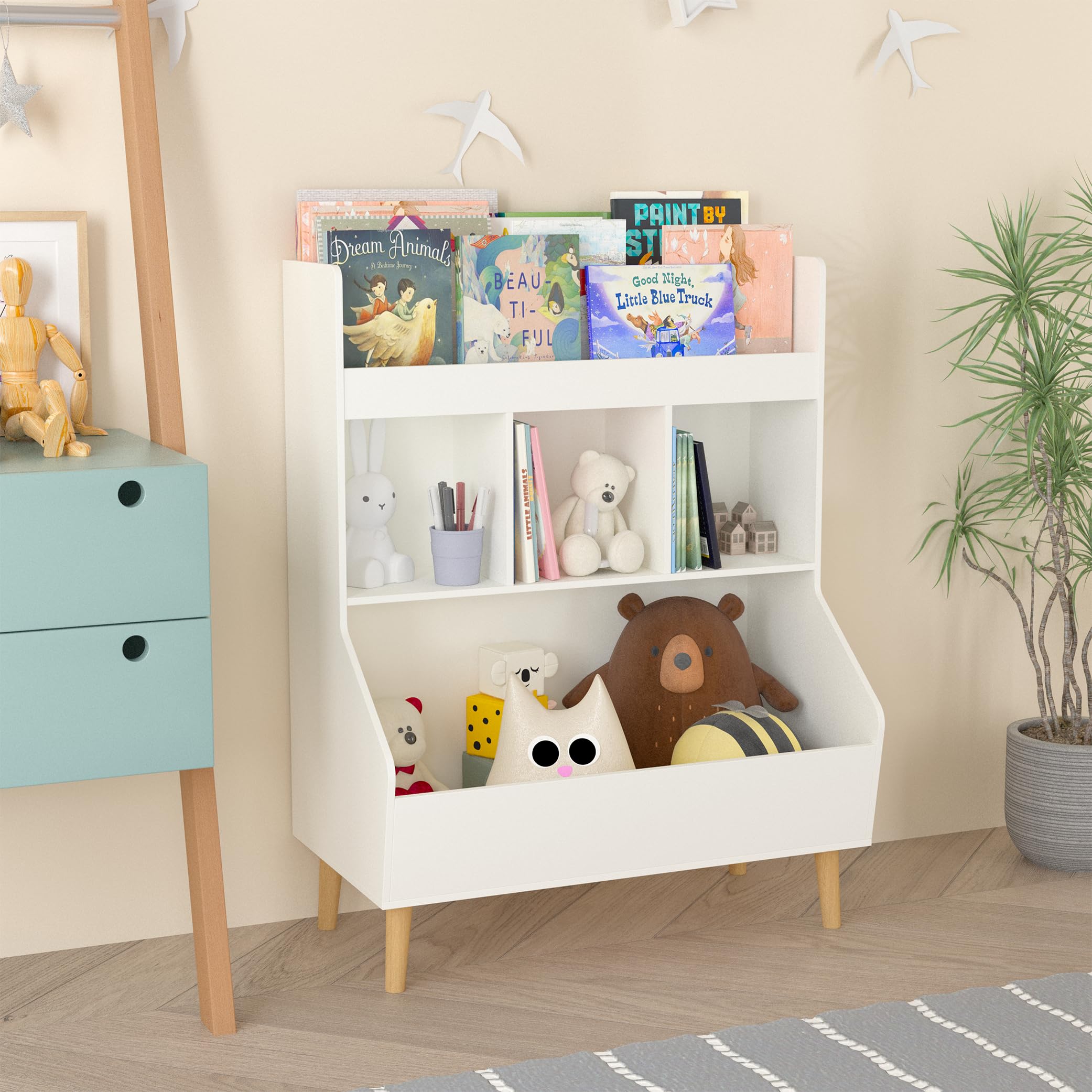 ROCKRAIN Kids Bookshelf Toy Organizer: Modern White MDF & Pine Storage Unit - 2 Shelves & Toy Bin for Nursery & Living Room - Anti-Tip Safety Design for Toddlers & Children