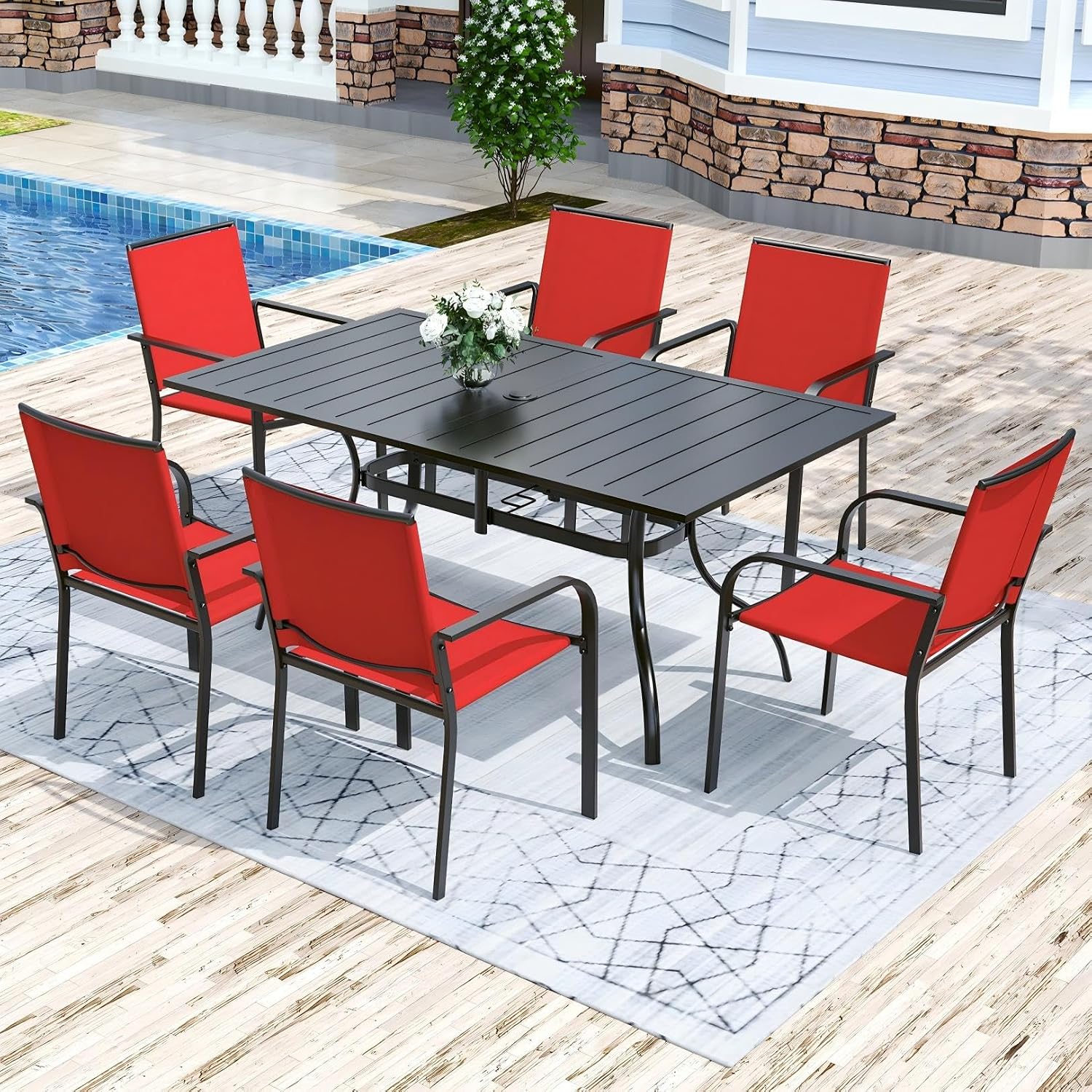 Assembled Anmutig 7-Piece Outdoor Dining Set on a patio