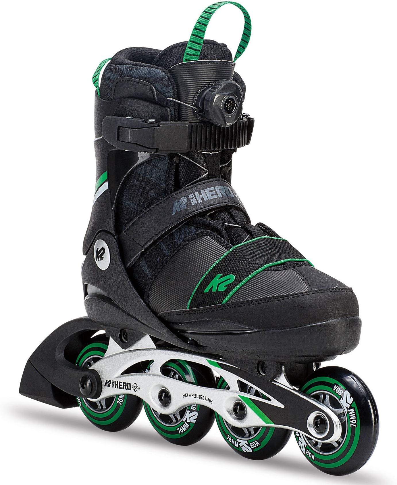 K2 Skate Sk8 Hero Boa ALU Inline Skates, Black Green, Size 1-5