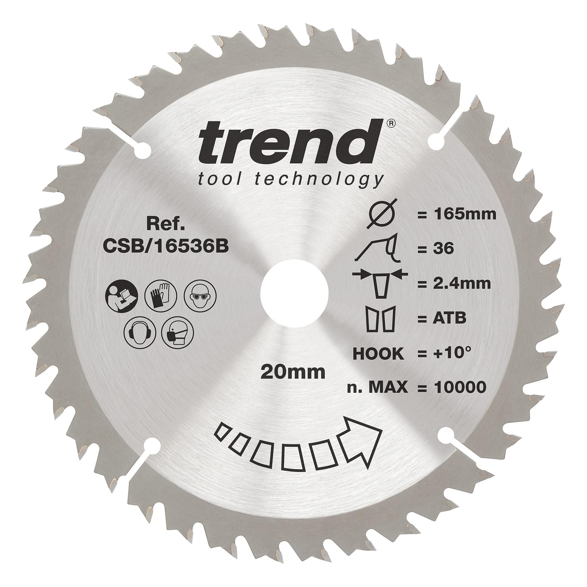 Trend Wood Circular Saw Blade, 165mm Diameter, 20mm Bore, 36 Teeth, 2.4mm Kerf, +10° Hook, TCT, Medium Finish, CSB/16536B
