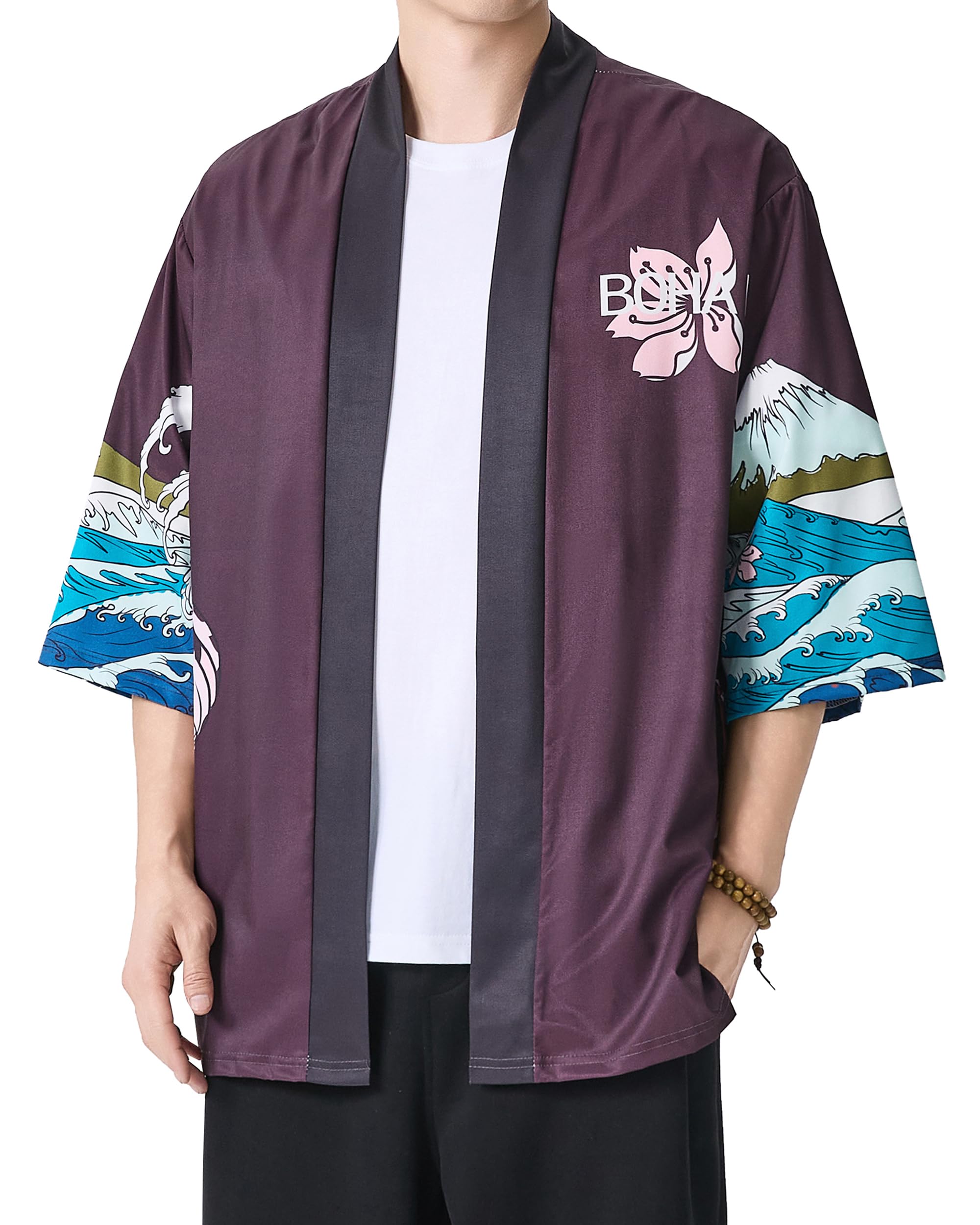 PRIJOUHE Men's Lightweight Kimono Jacket Seven Sleeve Open Front Cardigan Coat Japanese Style Bathrobe
