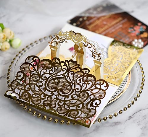 Miniatura 2 de Paquete de 10 invitaciones de boda 3D doradas con diseño único de novia y novio sosteniendo la mano para novia y novio en fiesta de boda