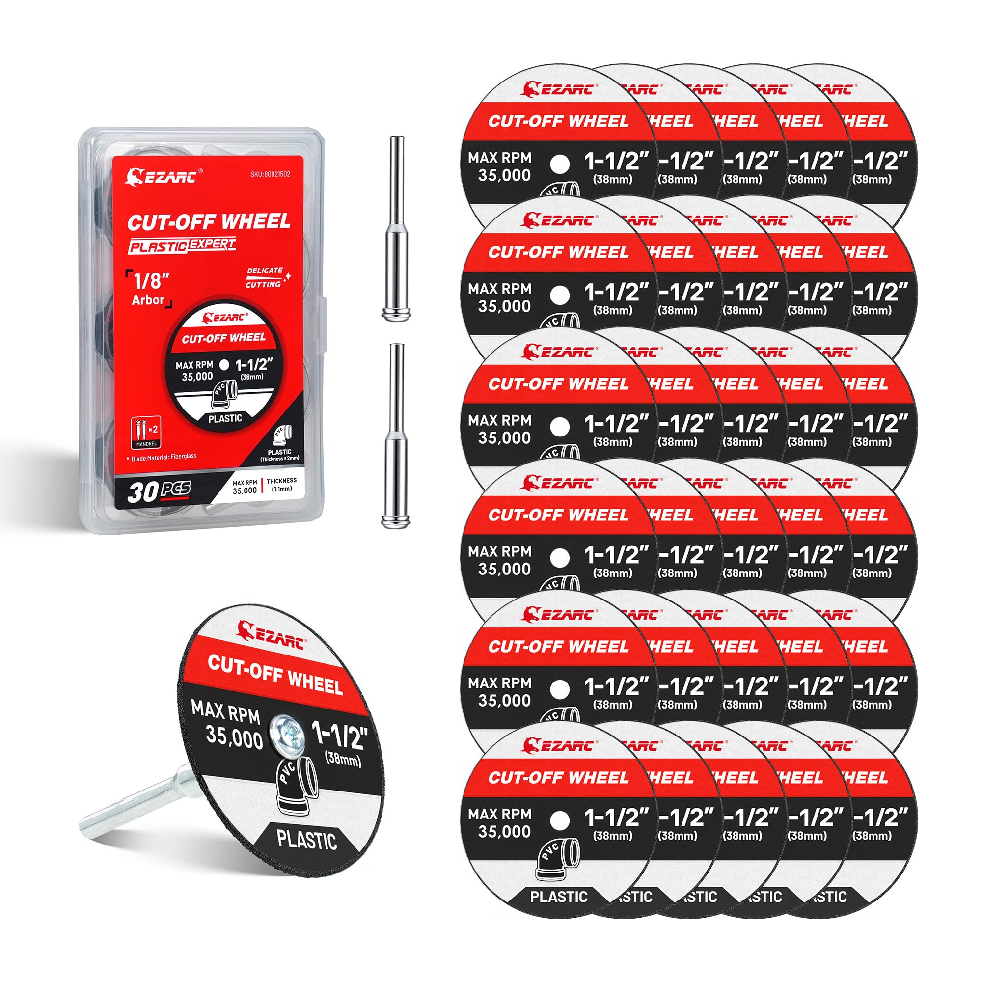 EZARC Plastic Cutting Discs 38mm, 32 Pack Fiberglass Reinforced Cutting Wheel, Rotary Tool Cutting Disc Accessories for Plastics & 3D Print, Include 2 Mandrels