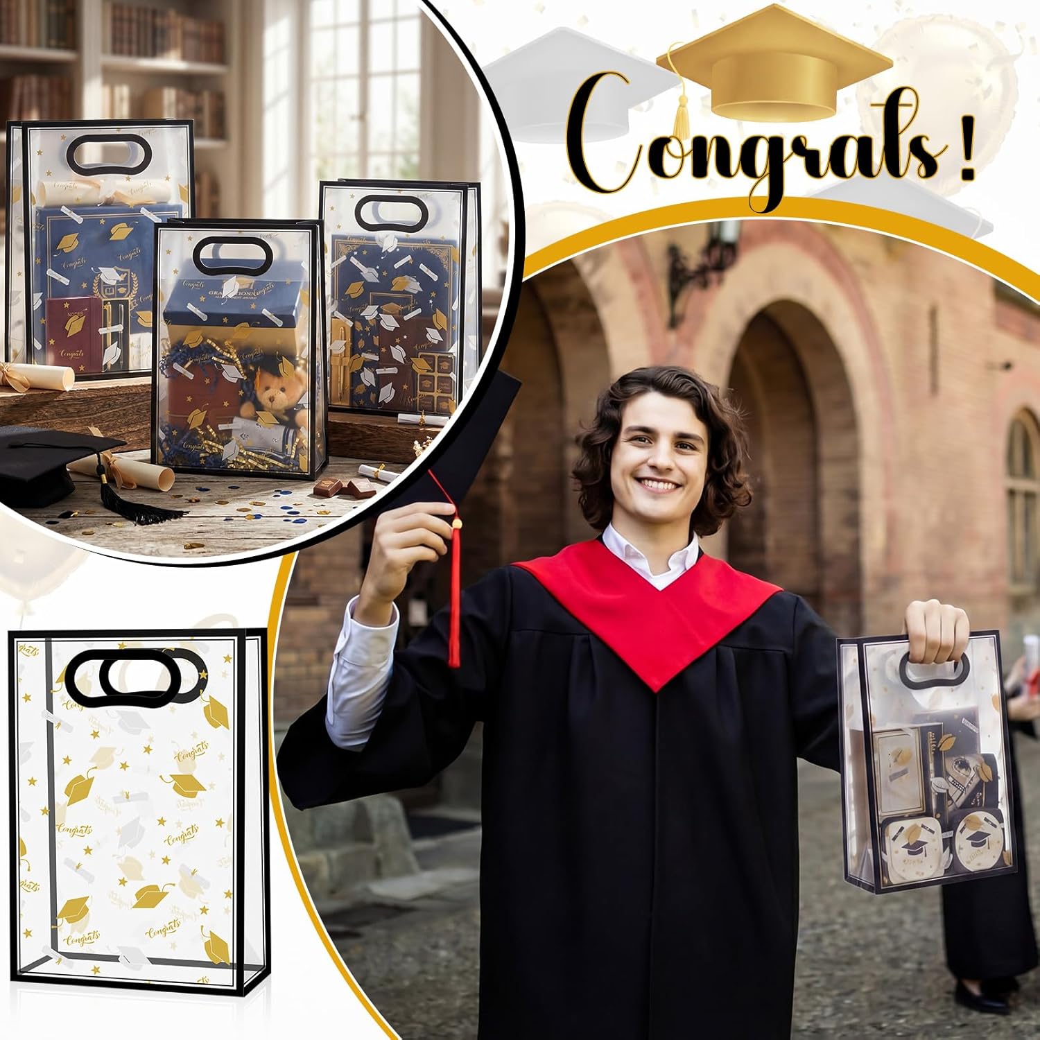 Eaasty 36 Pack Clear Graduation Gift Bags with Die Cut Handles 2026 Congrats Grad Plastic Party Favor Bag Reusable PP Gift Wrapping Totes for Graduation Party, 11.8 x 8.7 x 4.3 in(Black)
