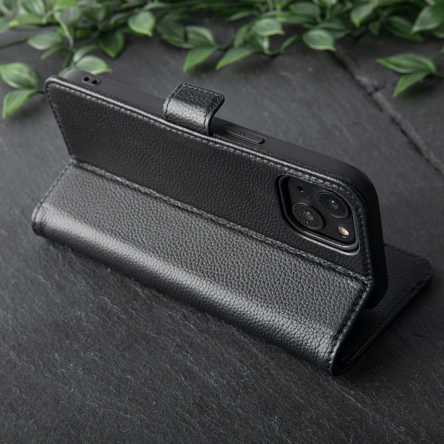 Snakehive Genuine Leather Wallet Case for iPhone 13 – Flip Cover with Card Slots & Stand (Dappled Black)