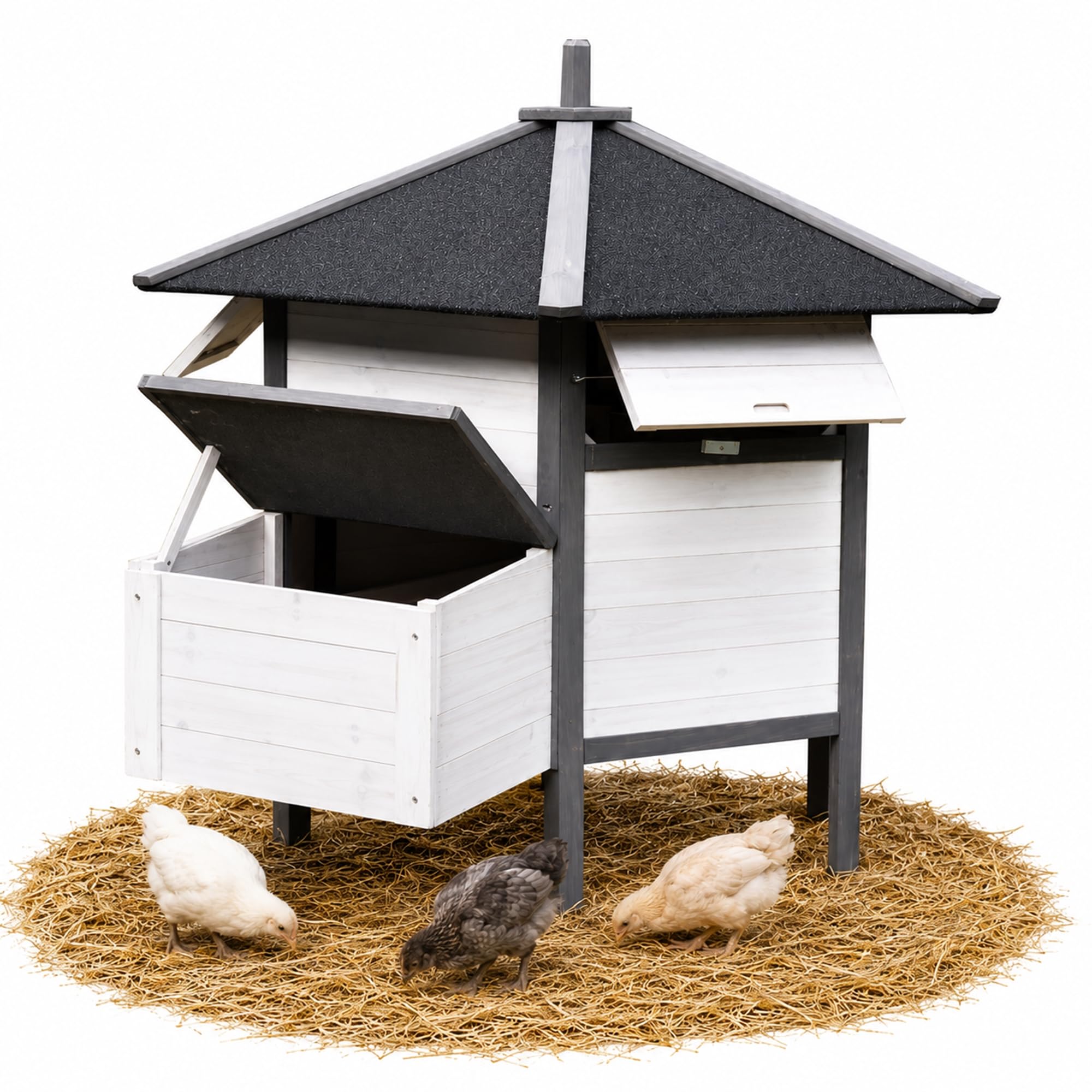 Mucola Hühnerstall Hühnerhaus 6-Eck mit Nestbox 131x125 cm Fichtenholz Grau | Geflügelstall wetterfest, 5-8 Hühner, Enten, wasserdichte Dachpappe, Legenest mit Klappdeckel, erhöhter Boden, inkl. Rampe