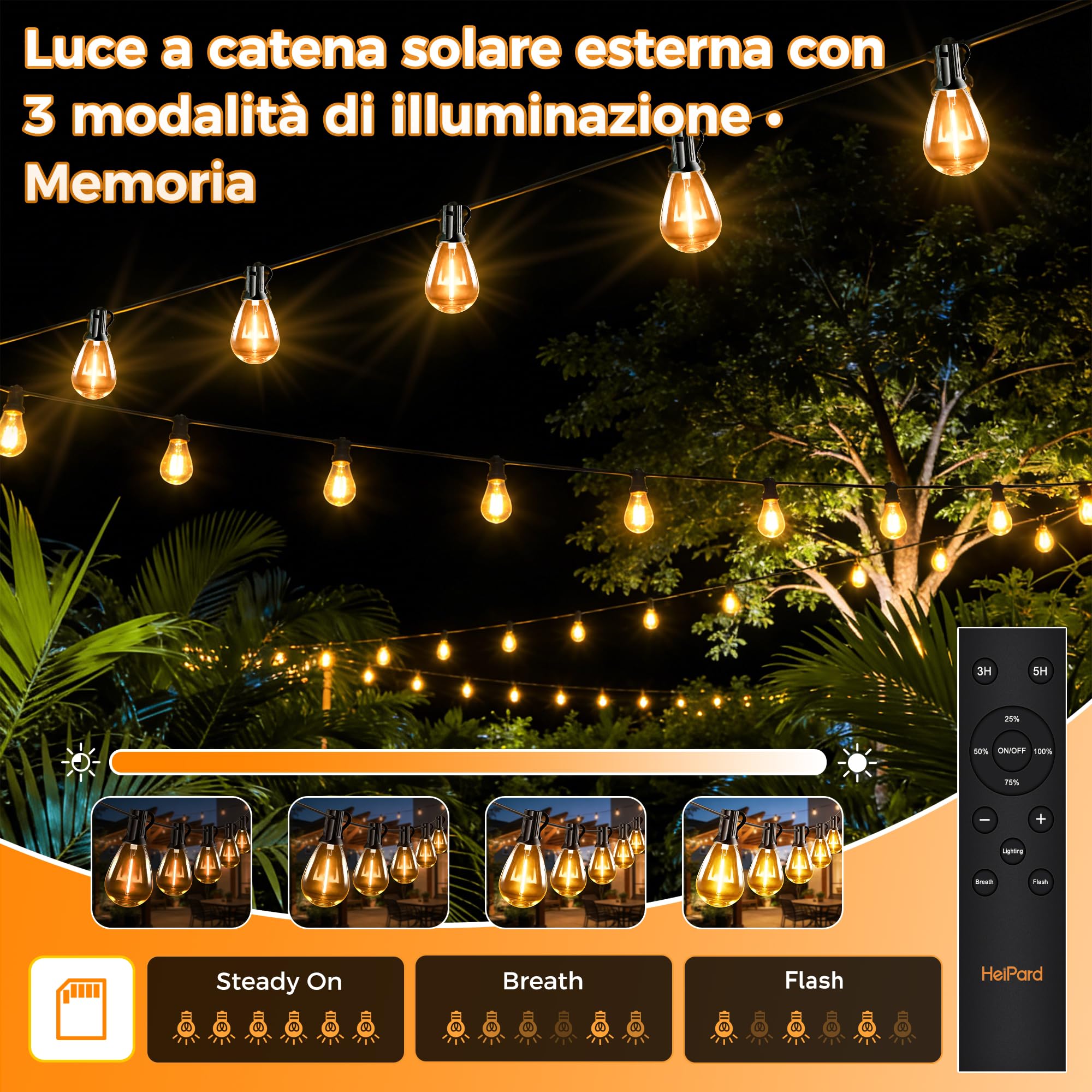 HeiPard 15M Catena Luminosa Esterno con Telecomando RF, 25+2 Lampadine LED S11 Infrangibili, Luci da Esterno Giardino Dimmerabili Impermeabili IP45, Decorazioni per Gazebo e Patio, a Corrente