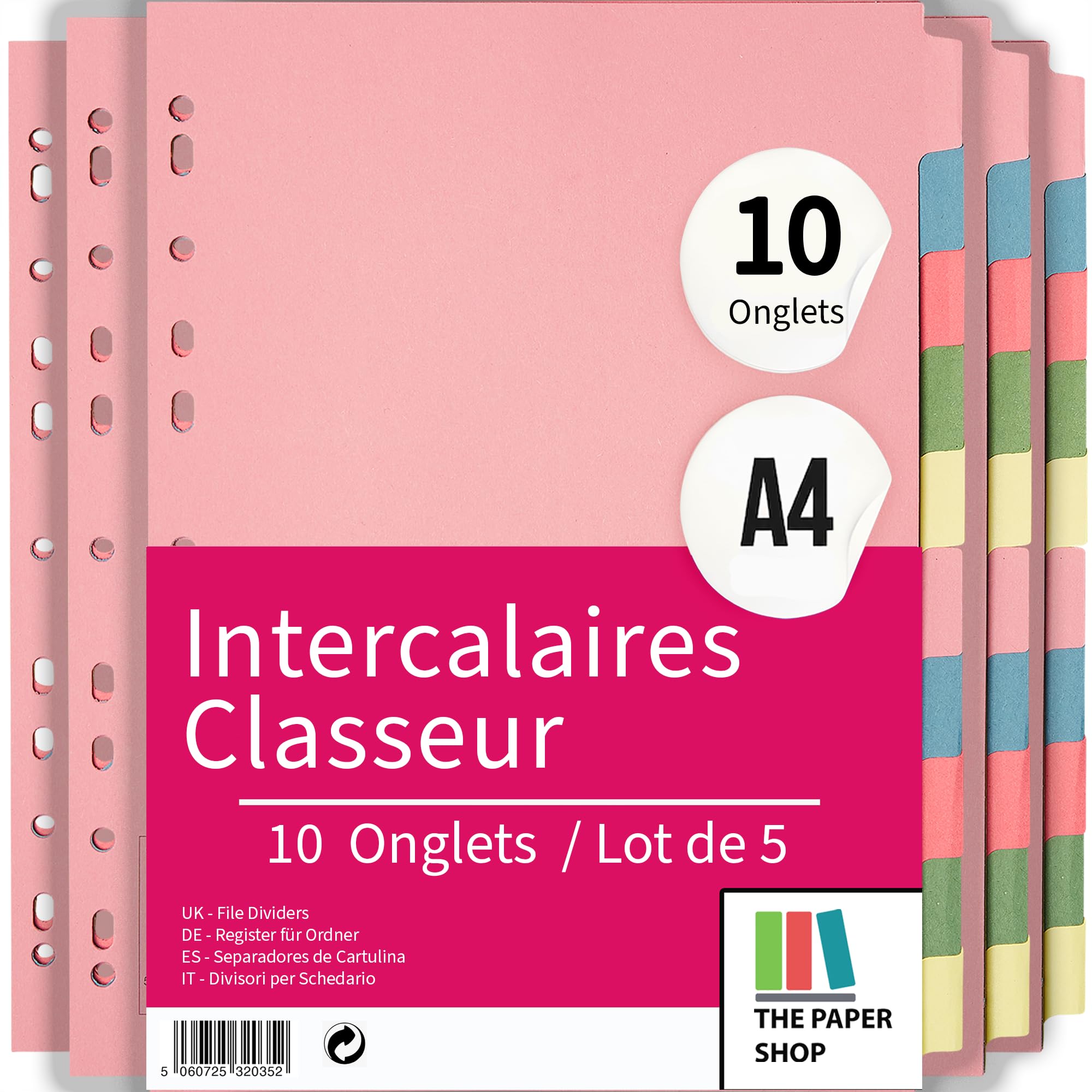 The Paper Shop Intercalaires Classeur A4 Séparateurs Verticaux 150 g/m² | Pack de 5 | Lot de 10 en Carton Rigide Perforés | Intercalaires Colorés Bureau École Archives Organisation