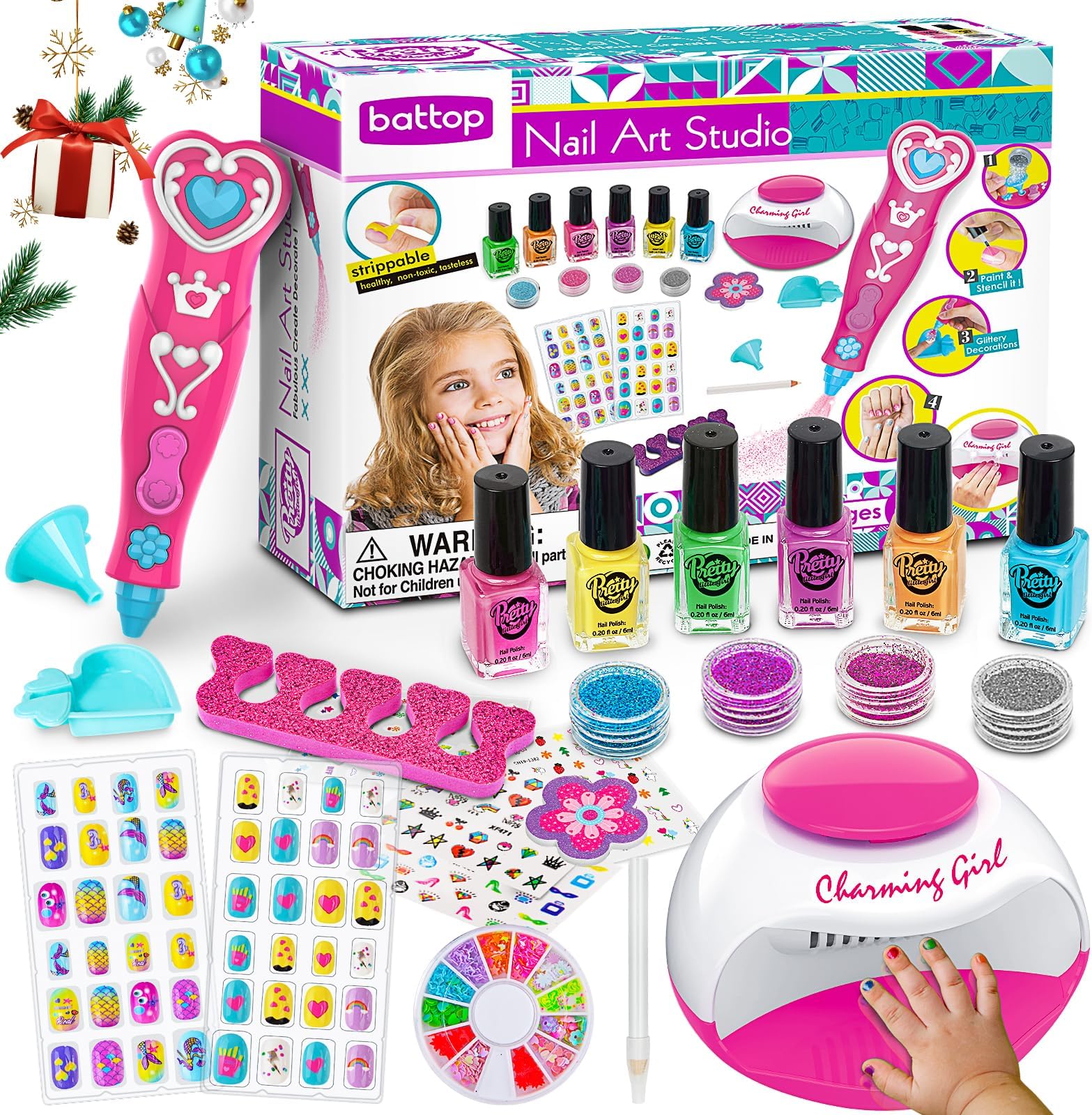 BATTOP Kids Nail Polish Set for Girls, Nail Art Kits with Nail Dryer & Glitter Pen, Quick Dry & Peel Off & Non-Toxic Nail Polish, Christmas Birthday Gifts for Girls Ages 6 7 8 9 10 11 12