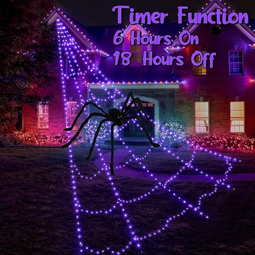 Miniatura 5 de Dorizeg Telarañas para decoración de Halloween al aire libre, 455 luces LED con telaraña elástica grande de 59 pulgadas y 3.53 oz (100 g), 11 modos