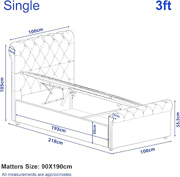 Blisswood Single Ottoman Bed Frame - 3ft Upholstered Velvet Storage Bed with Gas Lift Side Opening, Wooden Slats & UKFR Certified Fabric, Space Saving Beds for Small Bedroom (Beige, No Mattress)