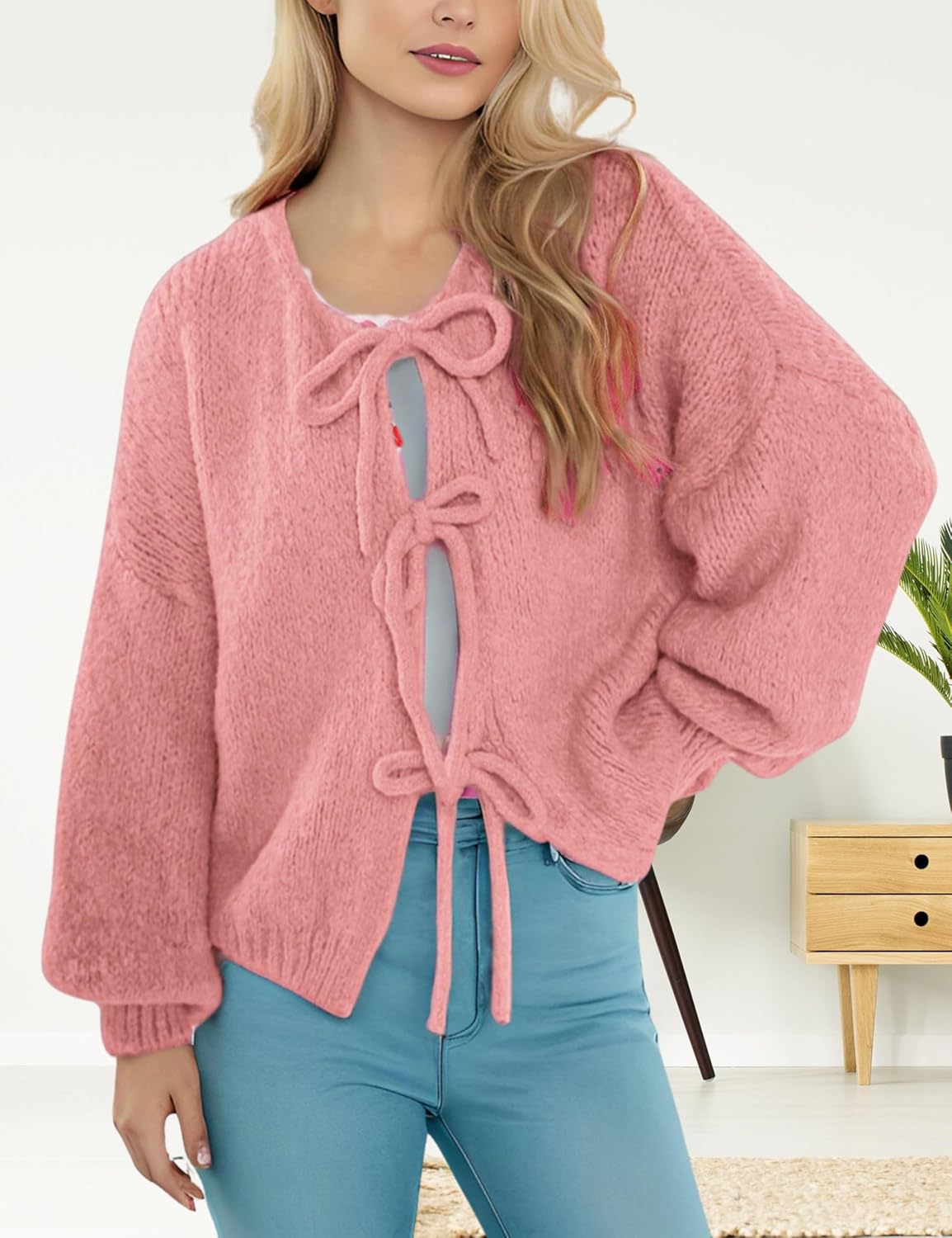 InterNos Womens Bow Tie Front Sweater Cardigan Y2k Chunky Crew Neck Lace Up Crochet Knit Outwear Coat - Image 3