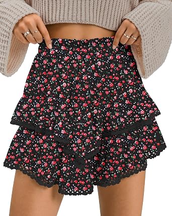 TARSE Womens Flowy Shorts High Waist Pleated Mini Skirts Casual Boho Ruffle Tiered Skorts Cute Versatile Fashion Shorts