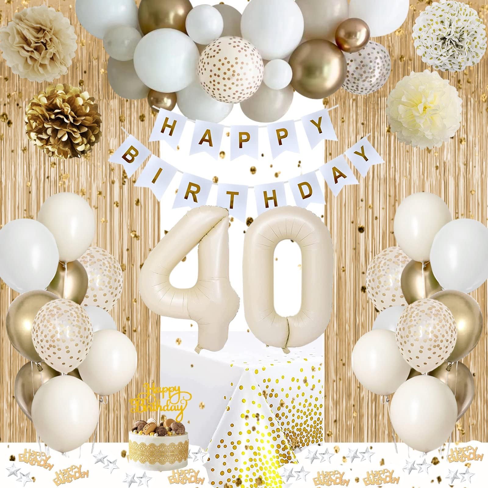 40th Birthday Decorations, Gold 40th Birthday Decorations Man Woman White and Gold Balloons Happy Birthday Banner Tablecloth Fringe Curtain Cake Topper Paper Pom Poms 40 year old Birthday Party Decor