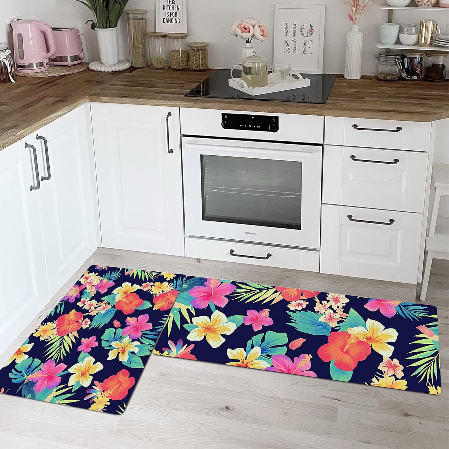 Kitchen Mats for Floor Washable Rugs Sets of 2 Flowers,Tropical Plants Non Slip Backing Runner Comfort Standing Carpet for Sink,Laundry,Home Standing Desk Mat 40 * 60+40 * 120CM