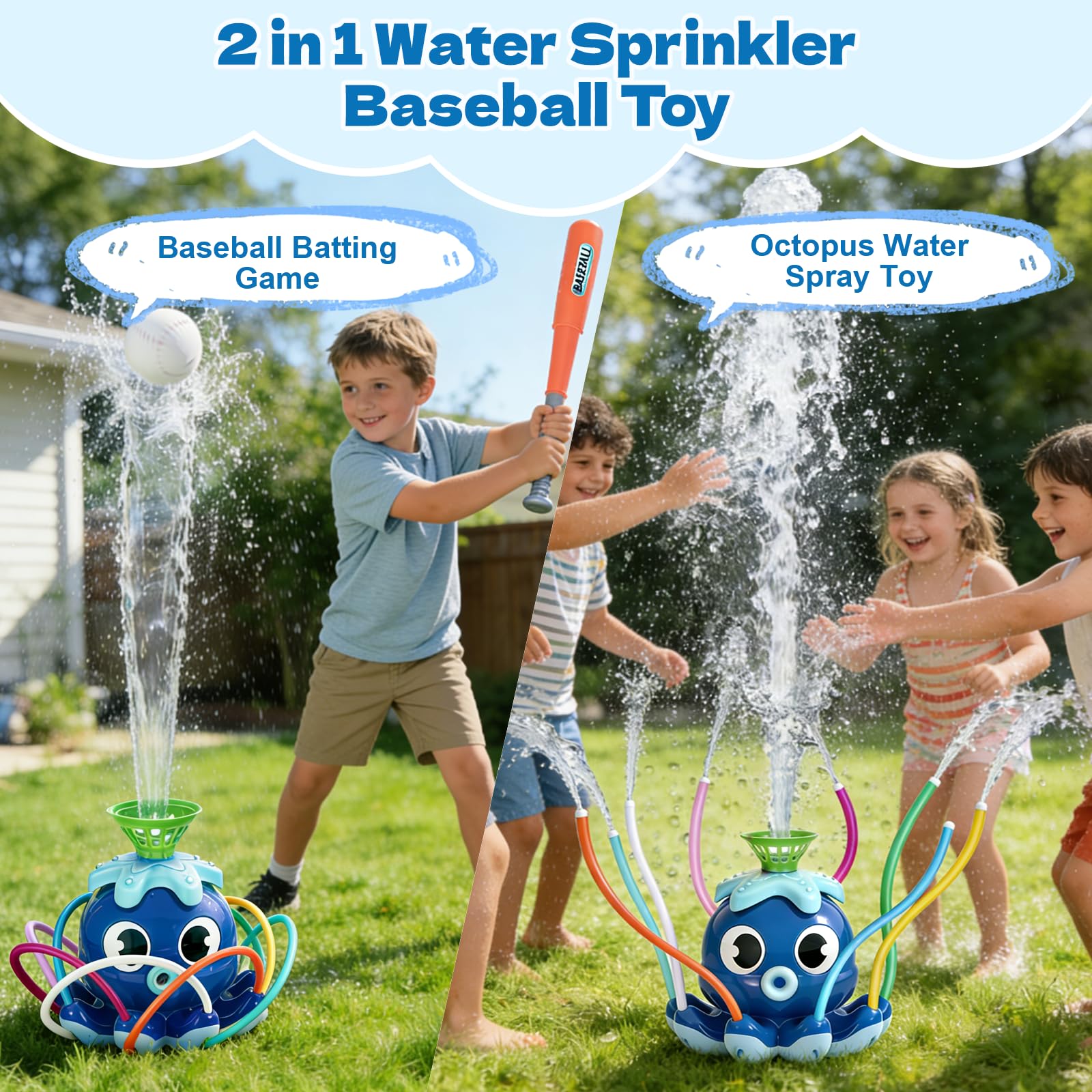 Wassersprinkler Baseballspielzeug, Octopus Kids Wassersprinkler T-Ball-Set mit Schläger 4 Bällen 2-in-1 Sommer Spielzeug für Draußen Rasenspiele für Kinder von 3 bis 12 Jahren (Blau)