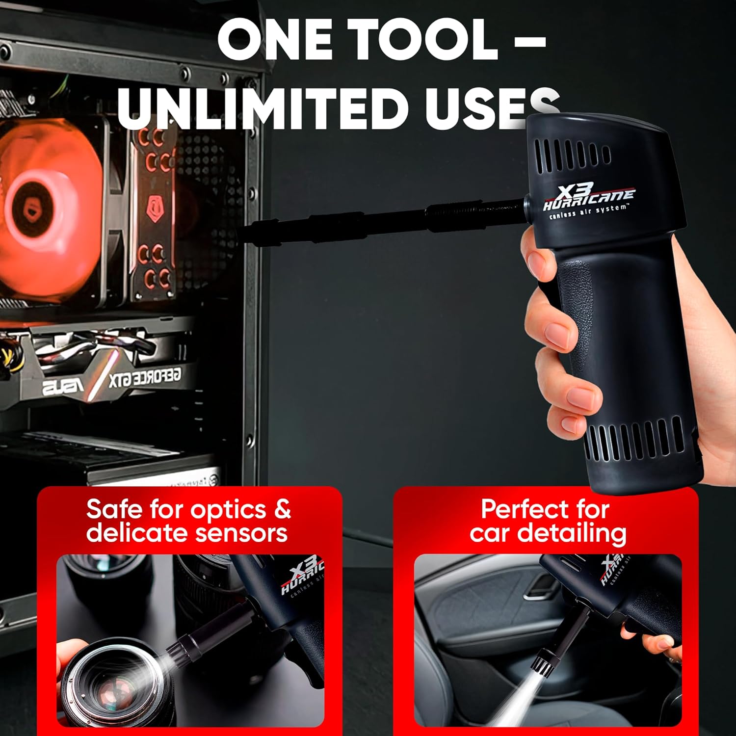 Canless Air System X3 Hurricane, 260+ MPH Rechargeable Air Duster, Cordless Heavy-Duty Cleaner, Canned Air Replacement, Black, Made in USA