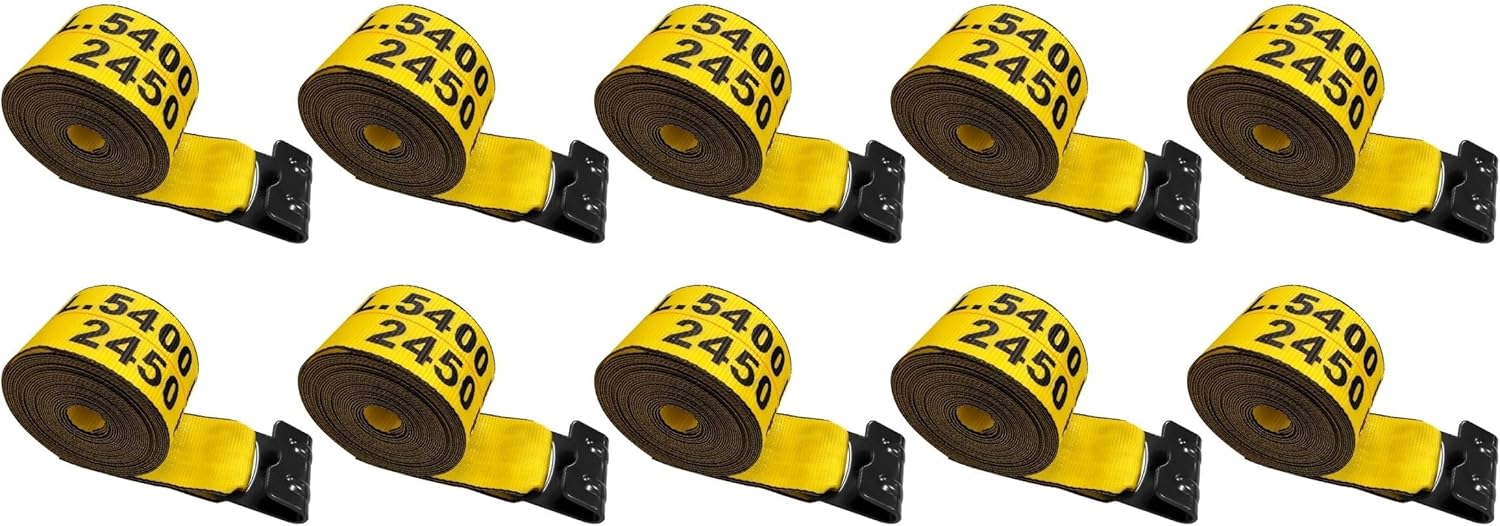 4" x 30' Heavy Duty Winch Straps w/Flat Hook - Pack of 10, Yellow Tie Downs for Flat Bed, Truck, Farm, Utility Trailers (5400 LBS WLL)