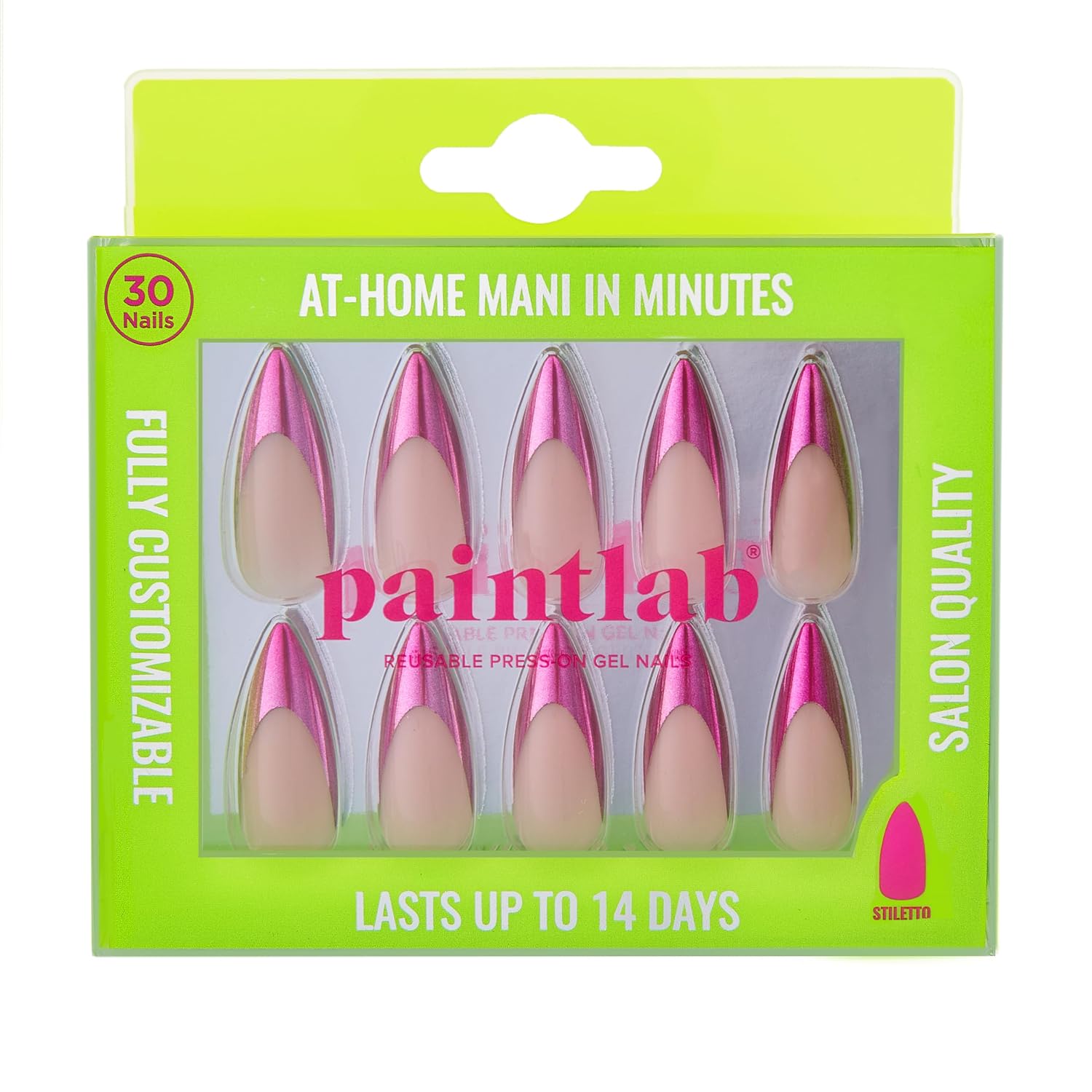 PaintLab Pink Press On Nails - Vixen Tips Chrome Press On Nails Stiletto Fake Nails, 30 Nails in 15 Sizes with Glue, Reusable Salon Quality Nail Press Ons