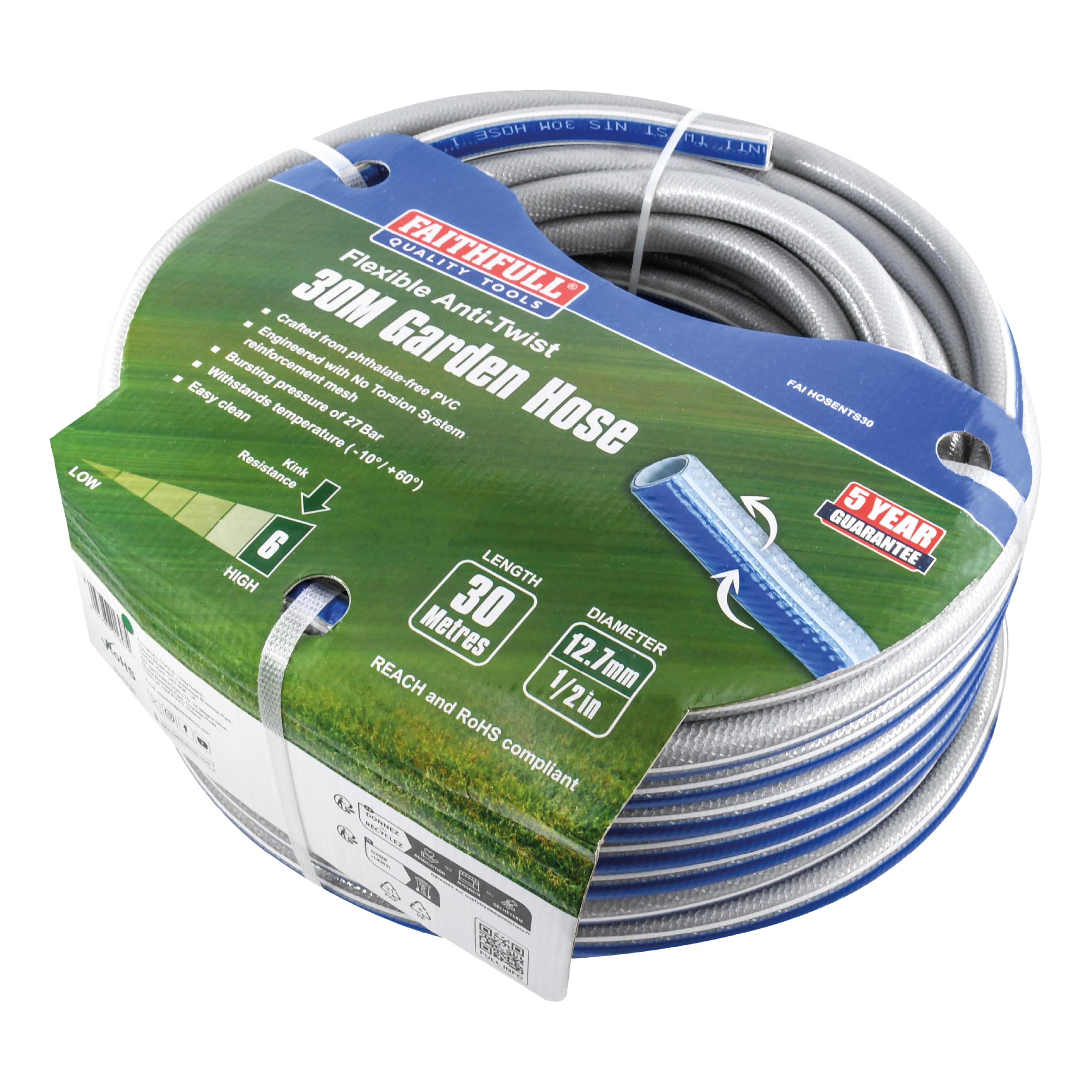Faithfull Grey/Black/White Flexible Anti-Twist Nts Hose 30M (98Ft) 12.7Mm (1/2In) Diameter – Phthalate-Free Pvc 5 Layer Construction, Nts Reinforced Mesh, Kink & Twist Resistant Hose Pipe