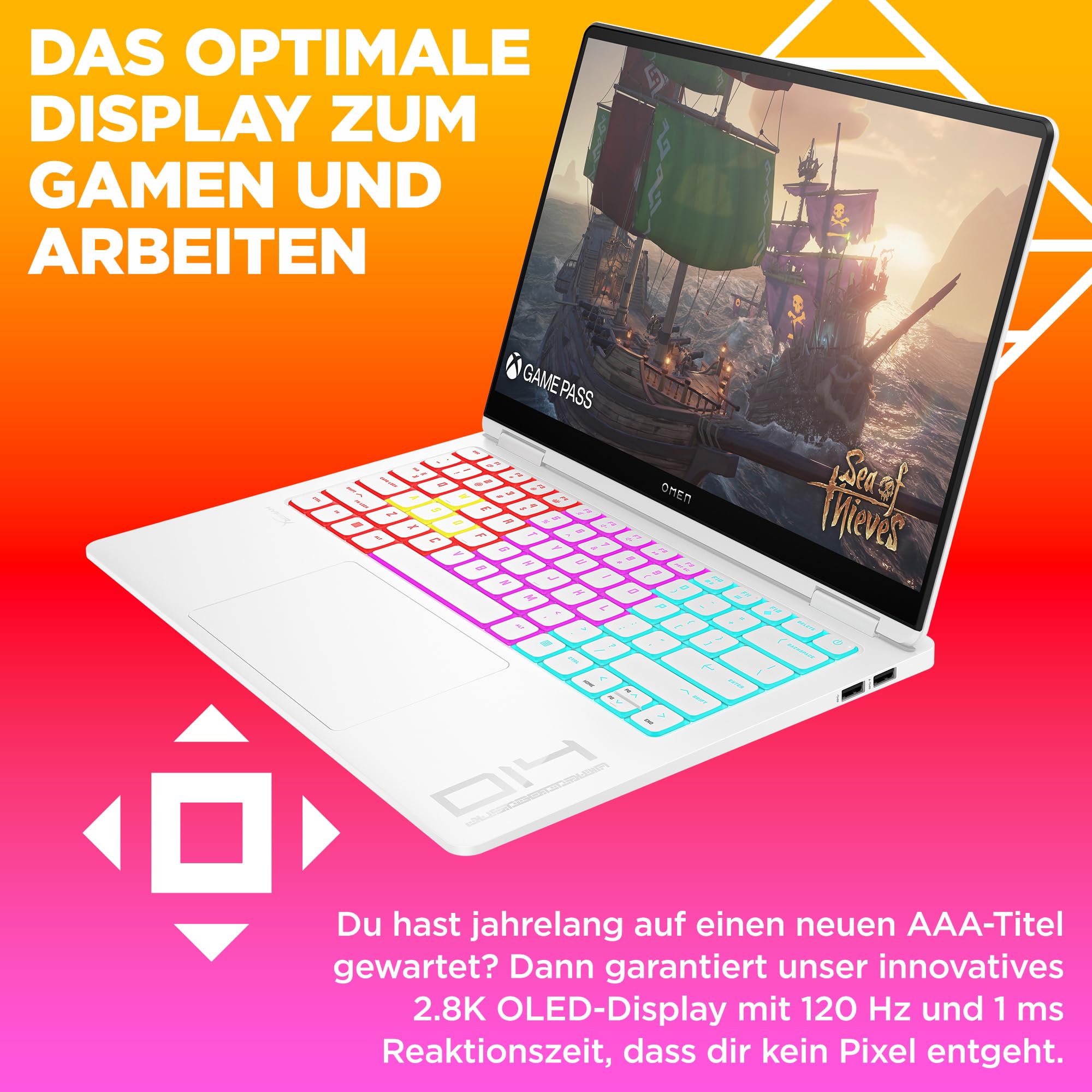 HP Omen Transcend Gaming Laptop, 14 Zoll 2,8K OLED 120Hz, Intel Core Ultra 7 155H, 16 GB DDR5 RAM, 1 TB SSD, NVIDIA GeForce RTX 4060 (8GB), QWERTZ, Windows 11, Weiß inkl. HyperX Cloud III Wireless