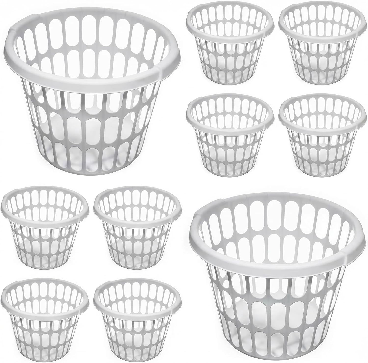 10 Pack 1-Bushel Round Plastic Laundry Baskets, White Ventilated Laundry Hamper with Handles, Durable Storage Baskets for Laundry Room, Bedroom, Bathroom, Dorm