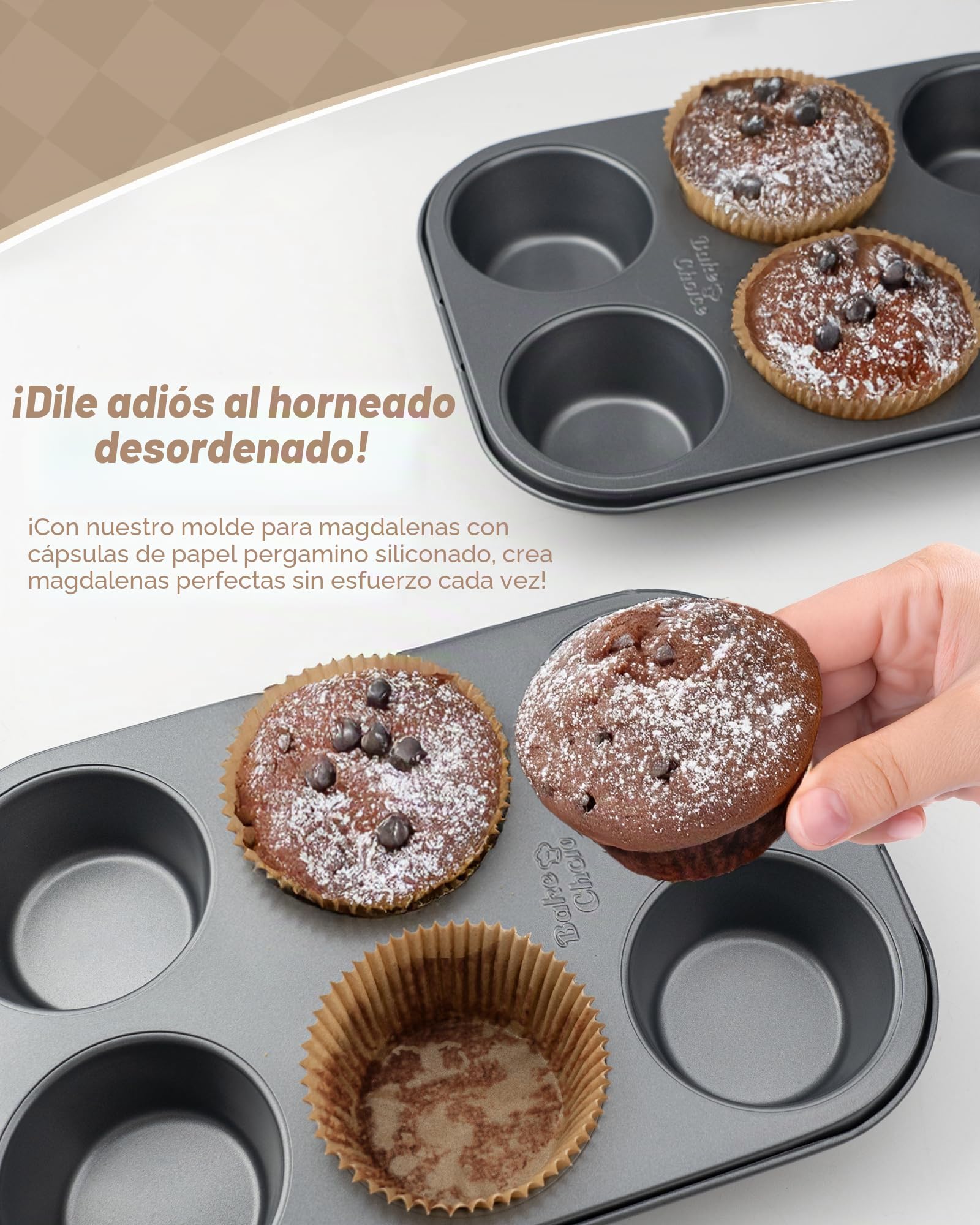 Bake Choice 2 Piezas Jumbo Molde para Magdalenas 6 Tazas,Incluye 50 Piezas Jumbo Moldes Magdalenas Papel,acero al Carbono Antiadherente,para Fiestas & Hogar & Hornear