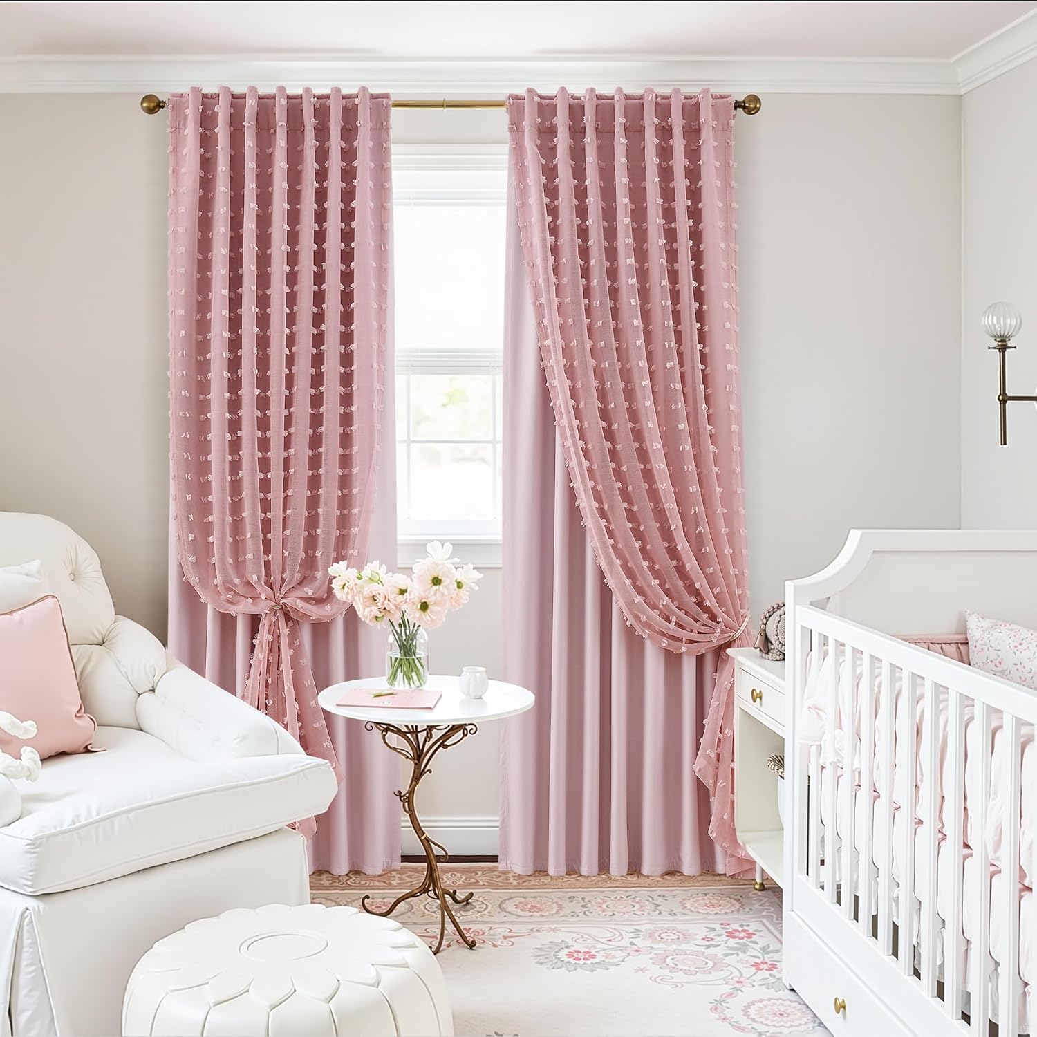 100% Blackout Pink Curtains for Girls Bedroom 84 Inches Long 2 Panels Double Layer Thermal Insulated Cute Drapes Pom Pom Sheer Overlay Back Tab Pocket Blush Curtain for Living Room Nursery 52x84