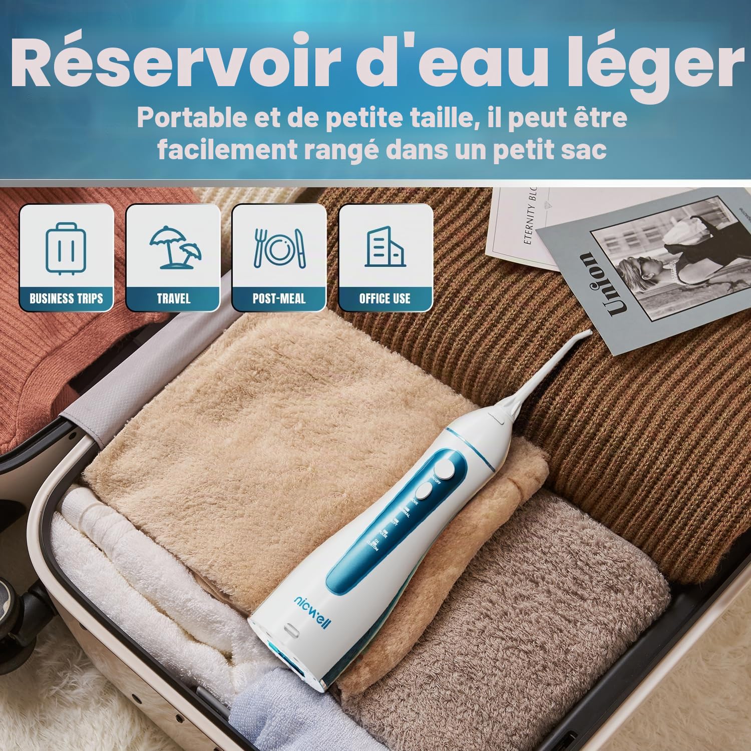 Nicwell Hydropulseur dentaire pour dents : 4 modes sans fil, portable, rechargeable, irrigateur buccal IPX7, nettoyage en profondeur, nettoyage en profondeur, machine pour la maison et les voyages