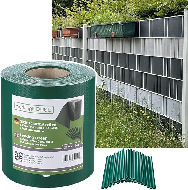 workingHOUSE 35 m Premium PVC pas maskujący (650 g/m²) do ogrodzenia ogrodowego w zestawie 26 klipsów (wys. 19 cm) (zielony)