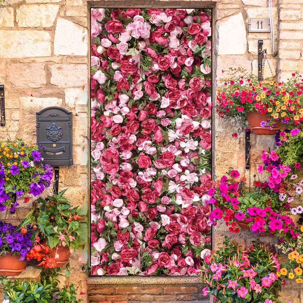 Nature Art Self Stick Vinyl Door Mural Sticker, Peel and Stick Removable Refrigerator Wrap Decal, Passionate Roses, 32.3x78.7, 2 Pcs Set