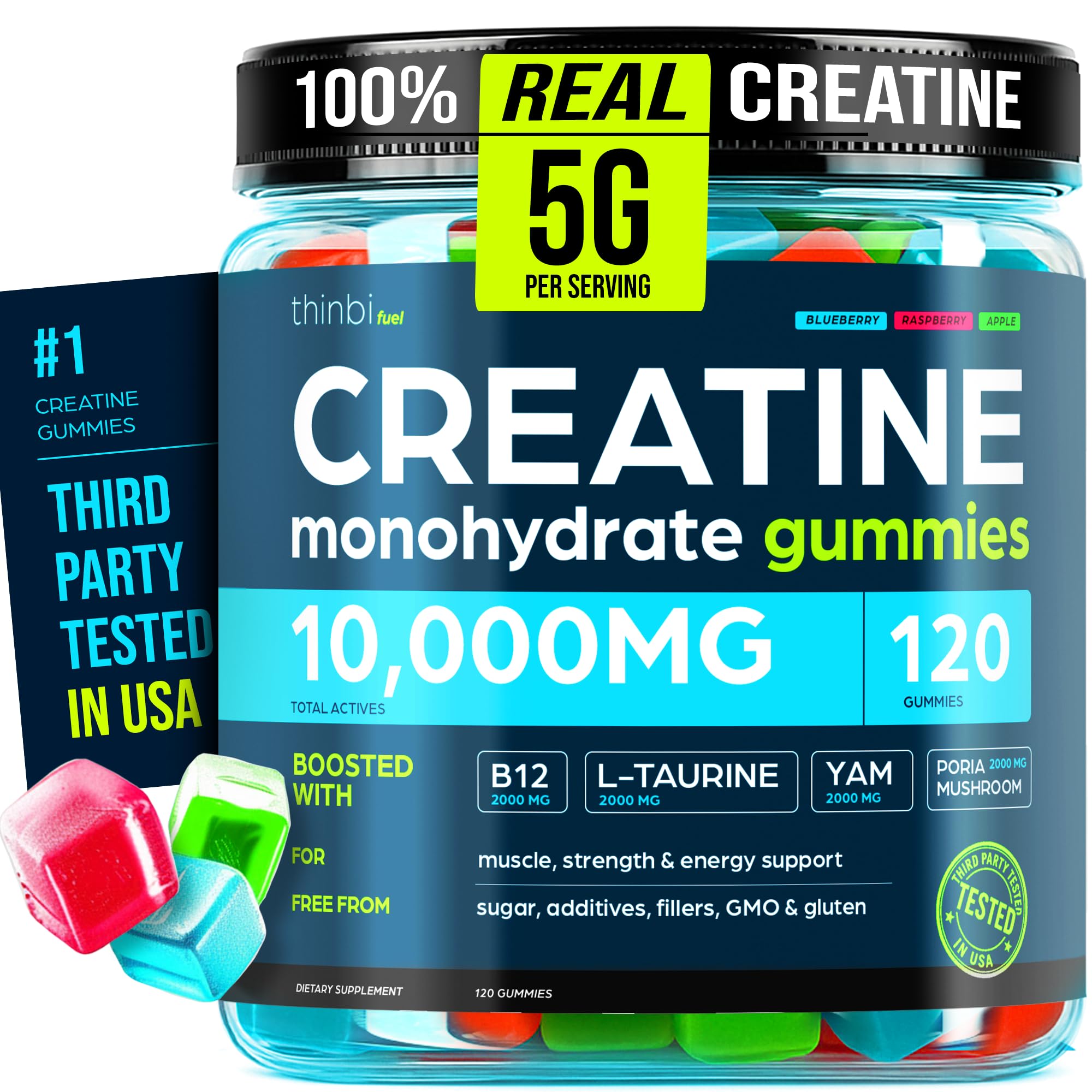 Creatine Gummies Monohydrate Complex 10,000mg for Men & Women -120 Gummies Advanced Formula W/L-Taurine + Vitamin B12 for Muscle Strength, Muscle Builder, Energy Boost, Pre-Workout Supplement -Thinbi