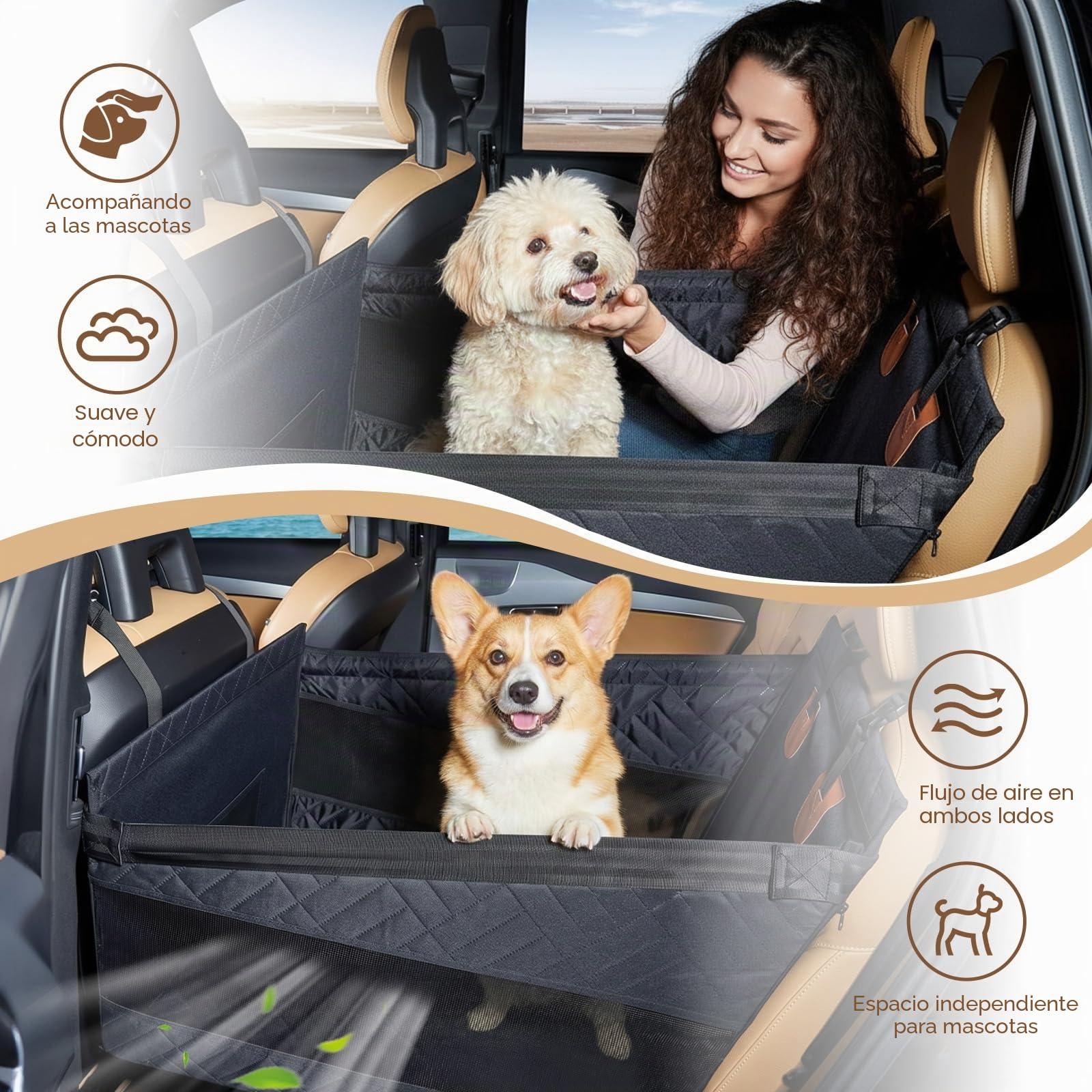 Asiento de Coche para Perros Extra Estable, Asiento de Coche para Mascotas para Perros Pequeño Mediano para Asiento Posterior, Asiento Reforzado para Perros con Correas de sujeción