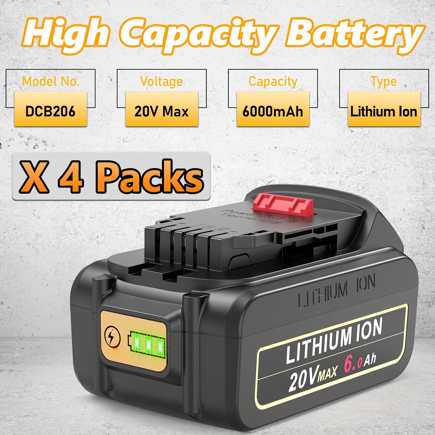PENGJBATTER 4 Packs 20V 6000mAh High-Capacity Lithium Battery Compatible for DeWalt 20V Max Battery DCB206 DCB205 DCB207, Compatible with DeWalt 20 Volt Charger & DCD/DCF/DCG/DCS Cordless Power Tools