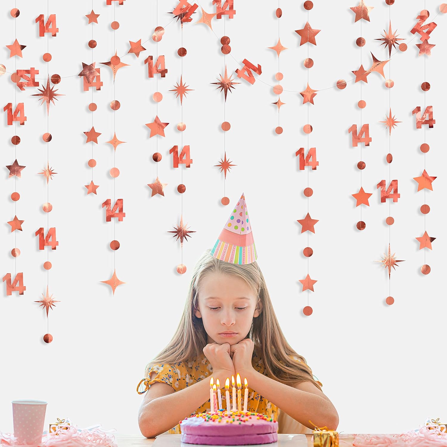 52Ft Rose Gold 14th Birthday Decorations Number 14 Circle Dot Star Garland Metallic Hanging Streamer Banner Backdrop for Girls Happy 14 Year Old Fabulous Birthday Fourteen Anniversary Party Supplies image 3