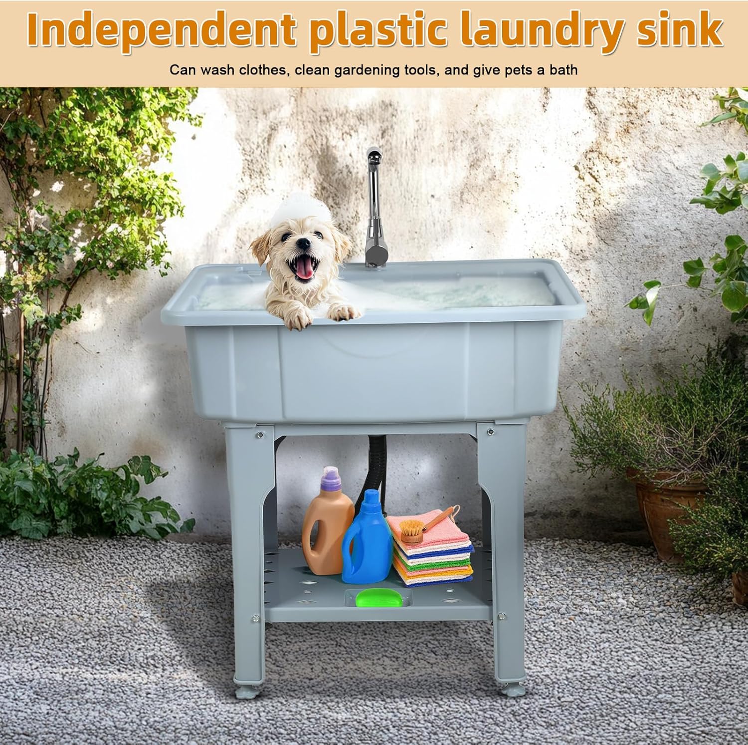 Utility Sink Laundry Tub, Portable and Compact Hand Wash Station, Freestanding Laundry Sink with Hose Hook Up for Outdoor Kitchen, Laundry Room, Garage, and Basement