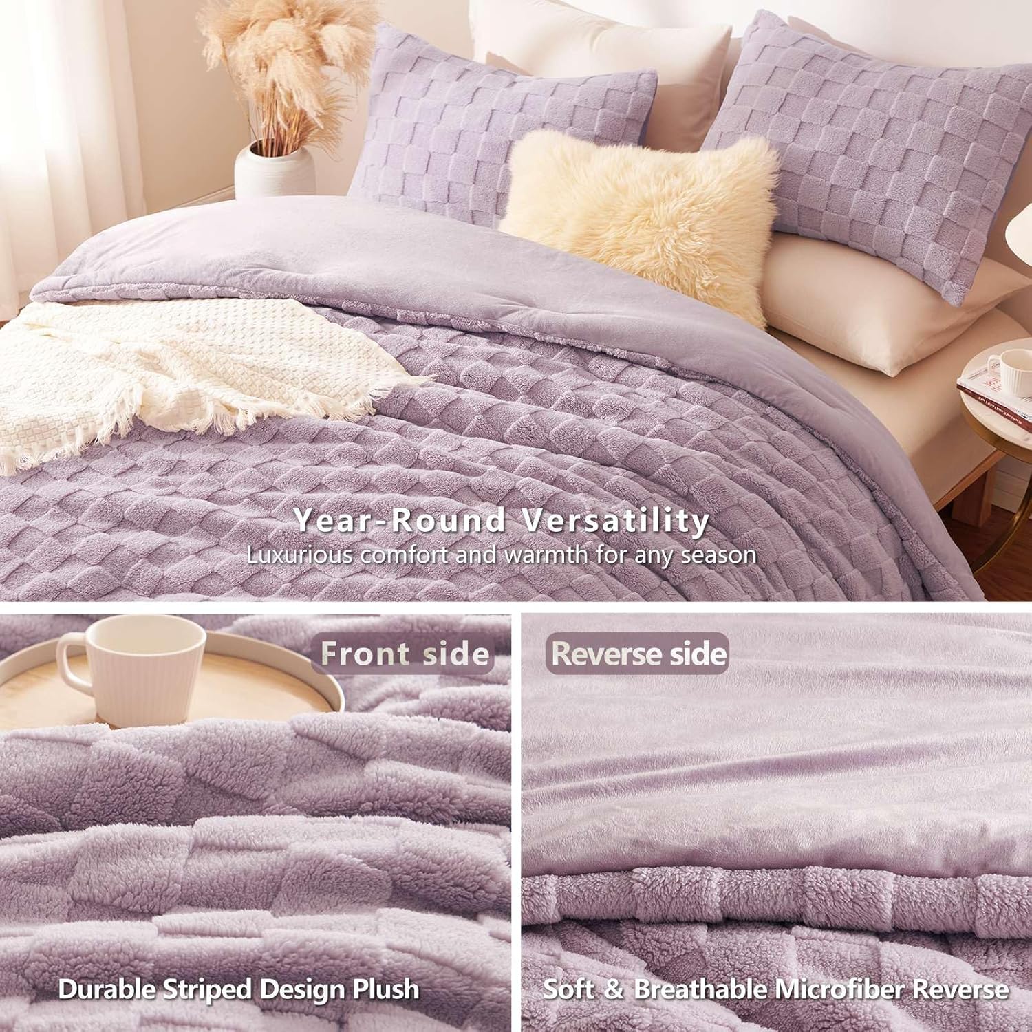 CozyLux Fleece King Comforter Set Light Purple,Super Soft & Warm Fluffy Bedding with Checkered Pattern,Luxury Fuzzy Heavy Bed Set for Winter,3 Pieces,1 Comforter and 2 Pillowcases - Image 4