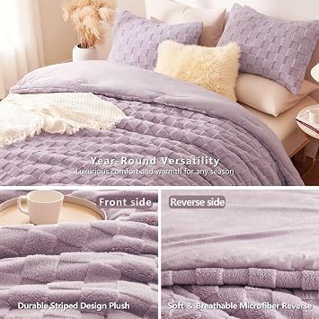 CozyLux Fleece Queen Comforter Set Light Purple,Super Soft & Warm Fluffy Bedding with Checkered Pattern,Luxury Fuzzy Heavy Bed Set for Winter,3 Pieces,1 Comforter and 2 Pillowcases