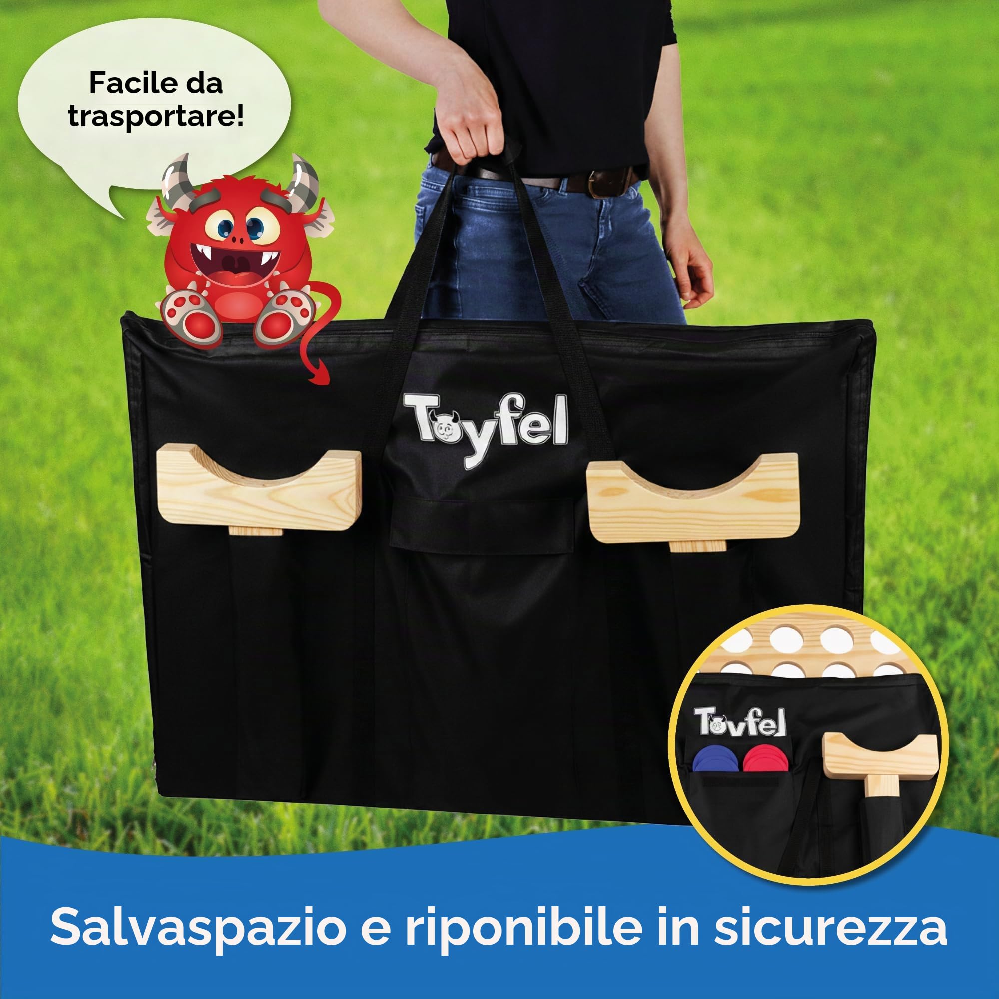 Toyfel Gioco da tavolo Forza 4 XXL Naturale in legno di pino FSC® Connetti | Quattro 4 di fila di strategia da interni o esterni per adulti e bambini certificato giocattolo gigante Ace