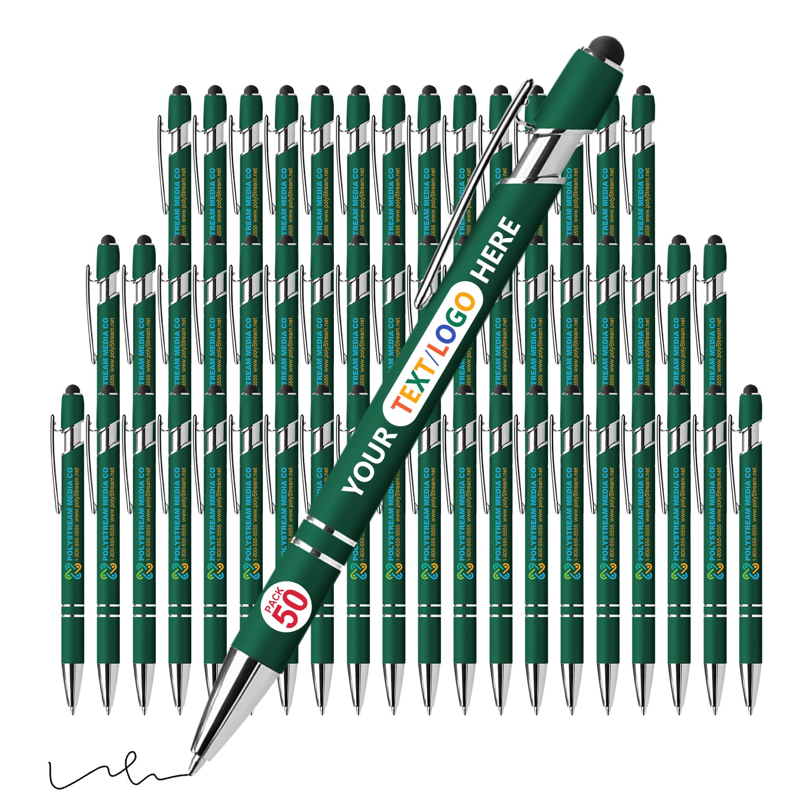Vebermo 50 Pack Personalised Pens with Stylus | Custom Full-Color Logo/Name/Message | Black Ink Smooth Writing Touchscreen Pens | Ideal for Office, Teachers, Students & Corporate Events, DeepGreen
