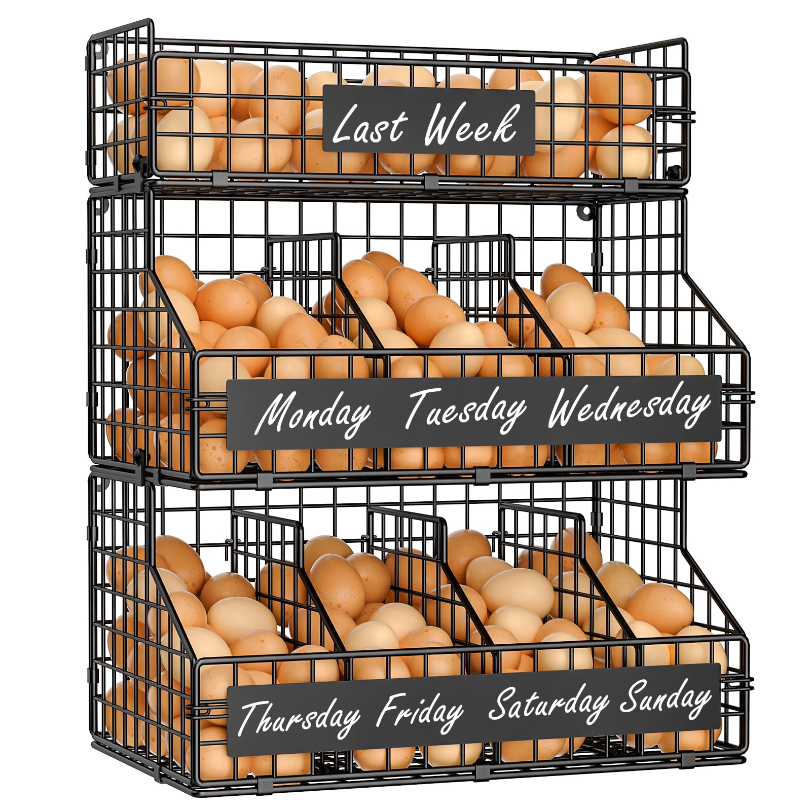 keomaisyto Egg Holder Countertop with 5 Dividers & DIY Nameplate to Separate Eggs, 3 Tier Stackable Wire Storage Baskets for Gathering Fresh Eggs, XXL Large Egg Rack, Wall-Mounted (Patent Pending)