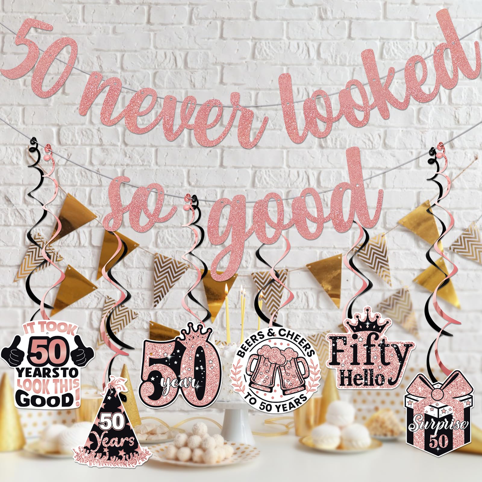 50 Never Looked So Good Banner – Rose Gold Glitter 50th Birthday Decor For Women, Party Backdrop - View #8