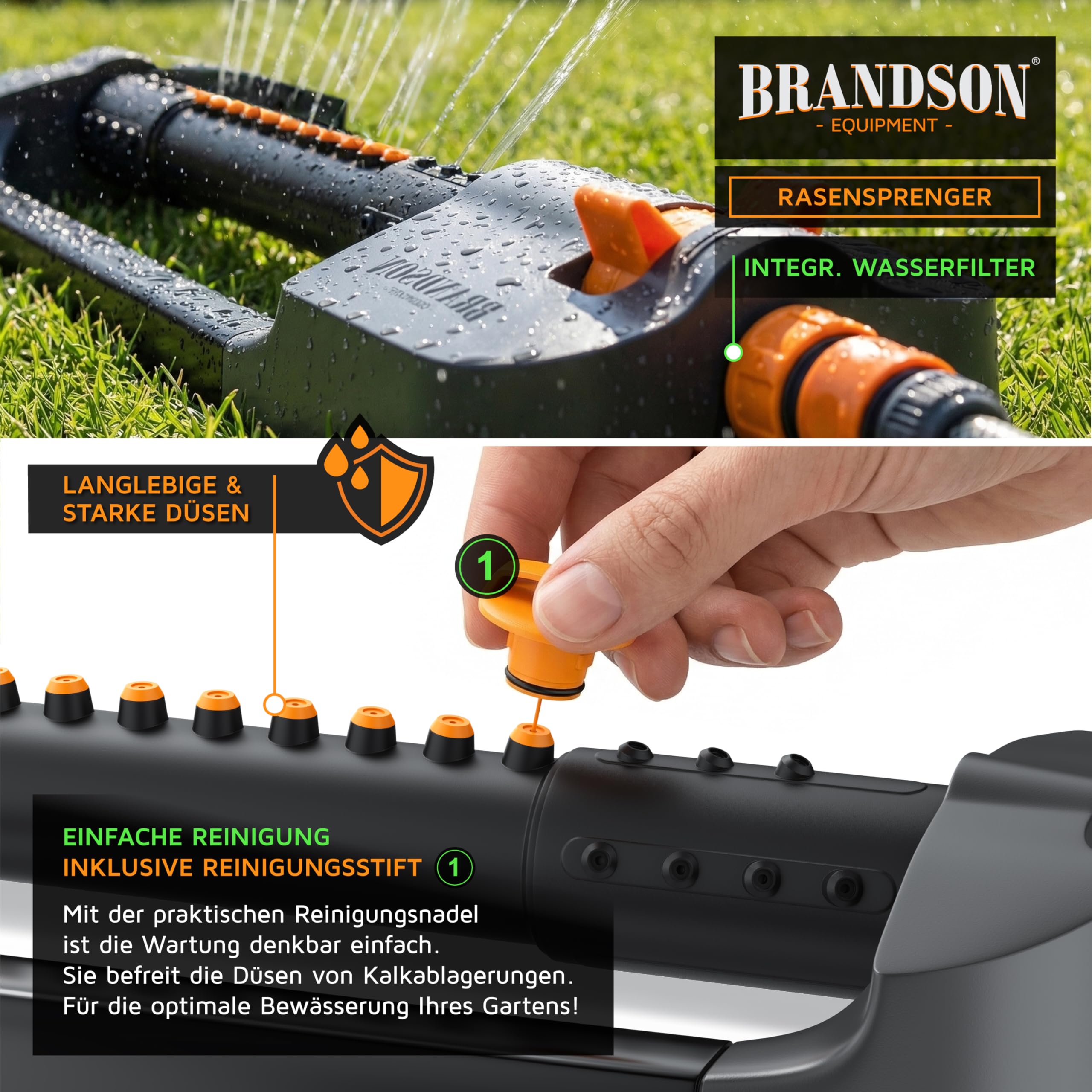 Brandson - Rasensprenger Viereckregner 3/4 Zoll flexibel – 19 Düsen (8 separat einstellbar) – für große Flächen – integrierter Metallfilter - Oszillation 20° bis 140° – Garten Rasensprinkler
