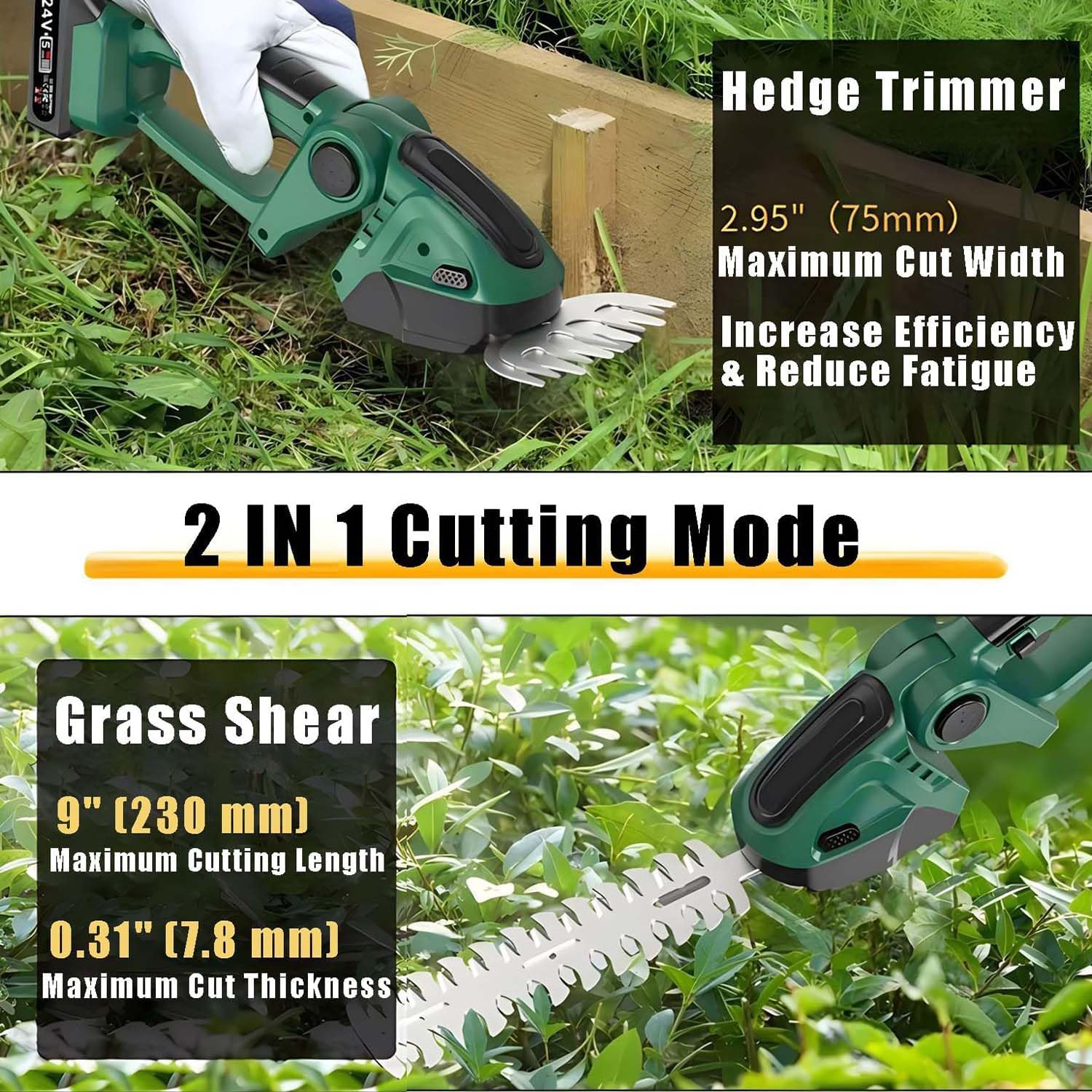 Cortasetos eléctrico y tijeras de césped con baterías de 1500 mAh, longitud de corte de 13 cm y 22 cm, ideal para el cuidado del césped y jardinería