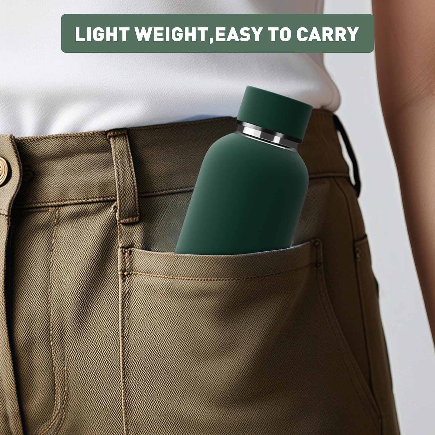 Exllena Small Water Bottle 12oz with Clip, Double Wall Stainless Steel Vacuum Small Insulated Water Bottle Keeps Drinks Cold 24 Hrs/Hot 12 Hrs for Kids Handbag School BPA Free (Emerald Green)