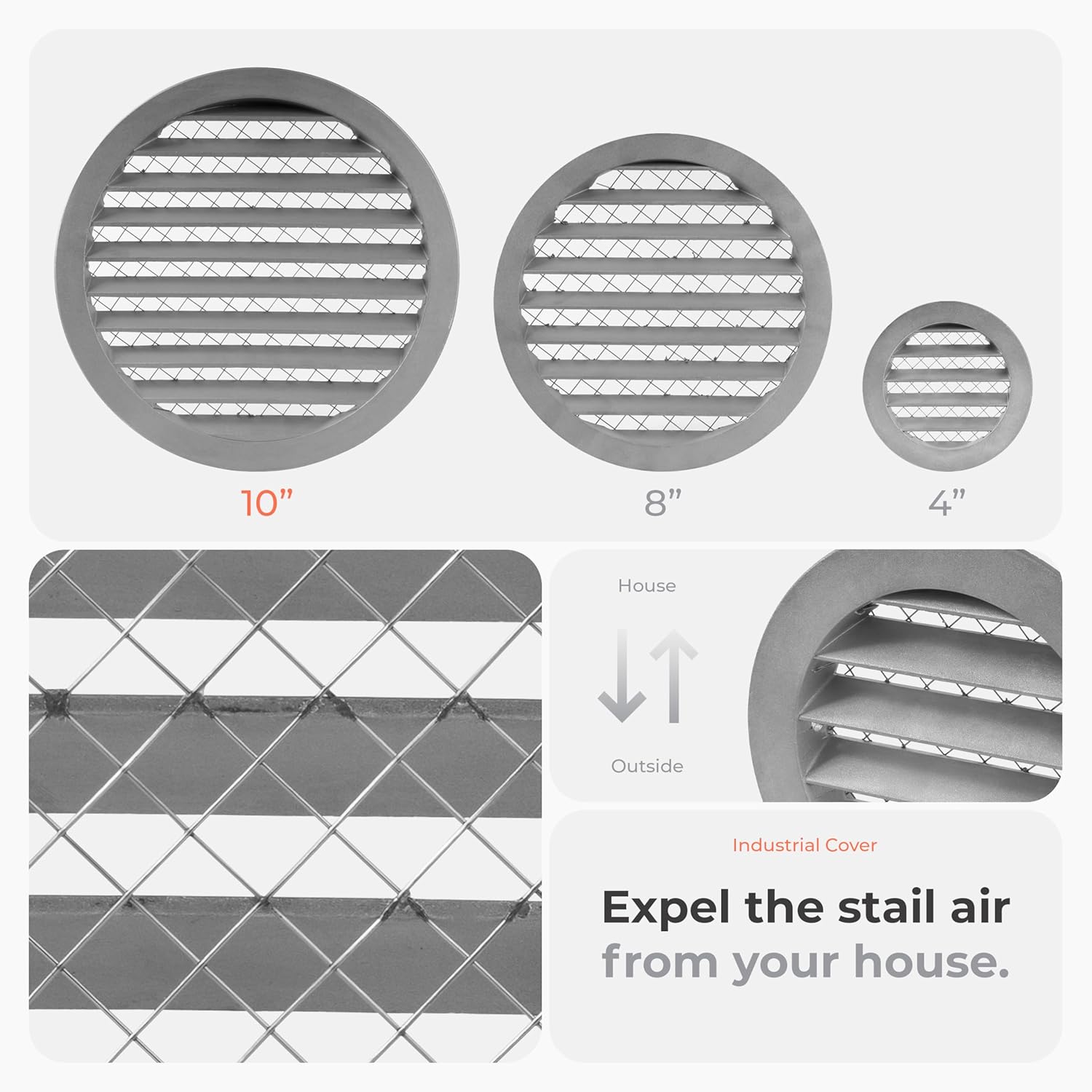 10" Inch Round Aluminum Vent Cover - Air Vent Louver - Soffit Exhaust Vent - Built-in Aluminum Screen - Grill Cover/Dryer Vent Cover for House, Kitchen, Bathroom, Garage, Attic Ventilation